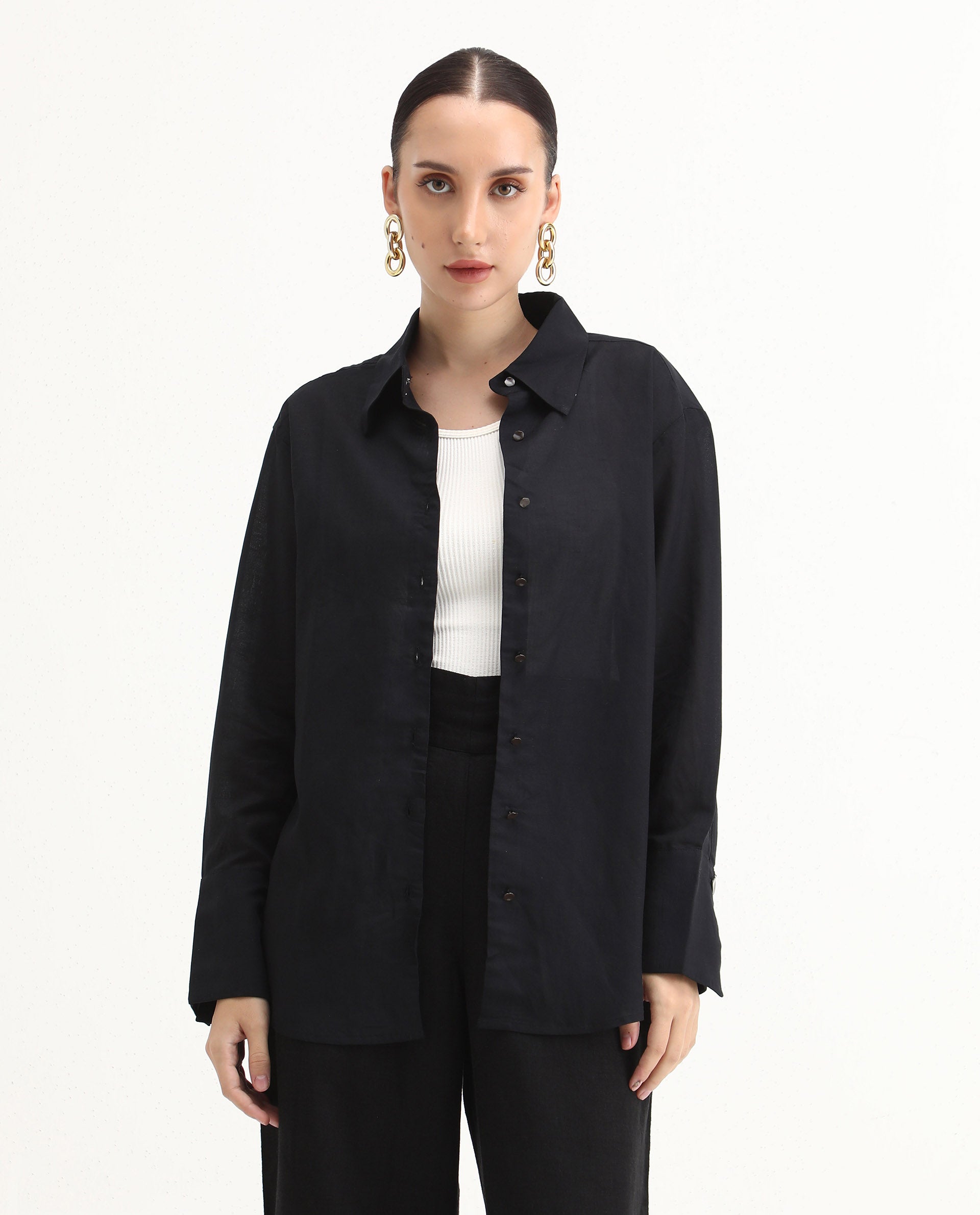 Rareism Women's Harper Black Linen Spread Collar Plain Regular Fit Top