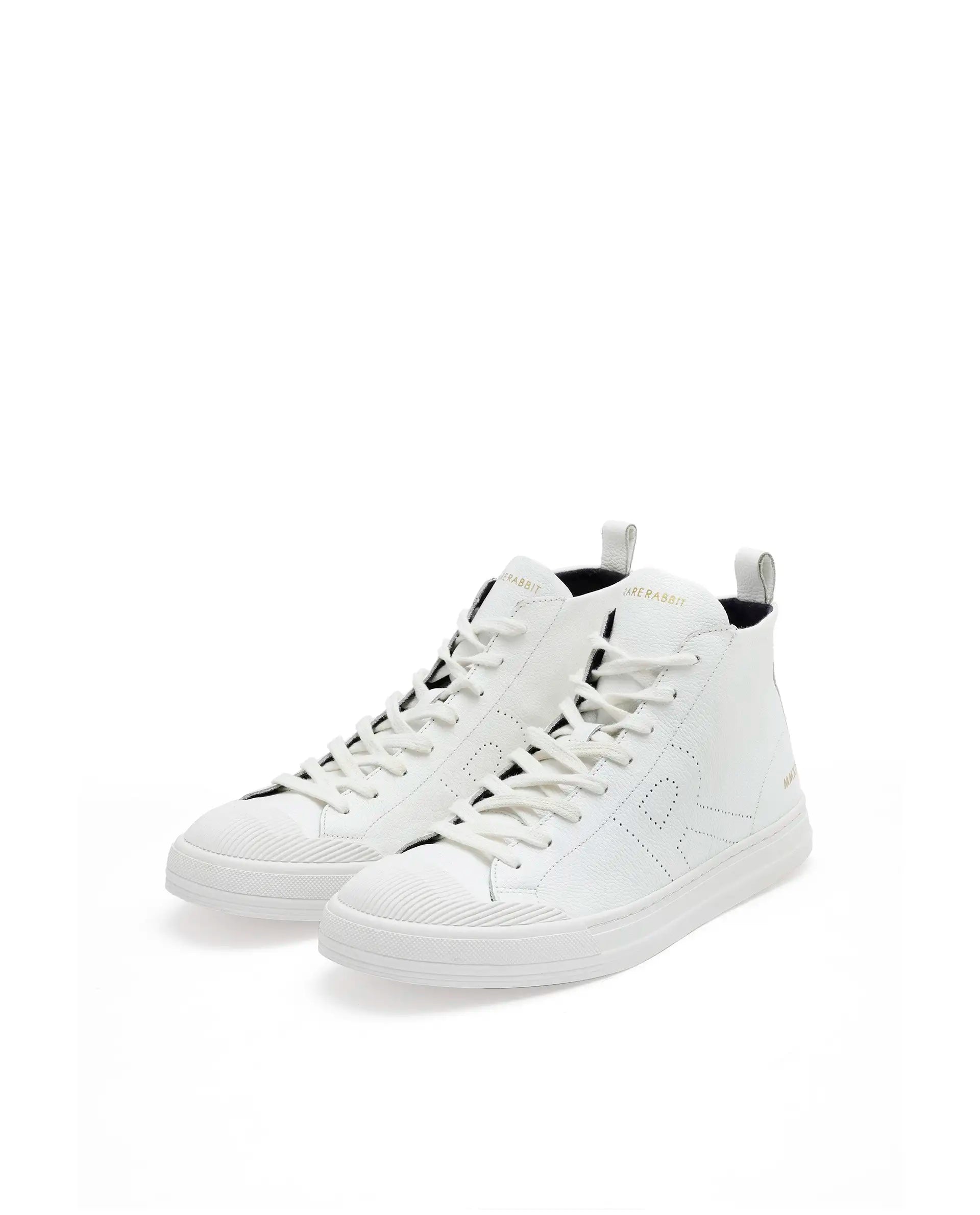 Rare Rabbit Mens Sauron Hi Pro White Premium Milled Leather Lace Up High Top Round Toe Sneaker Shoes