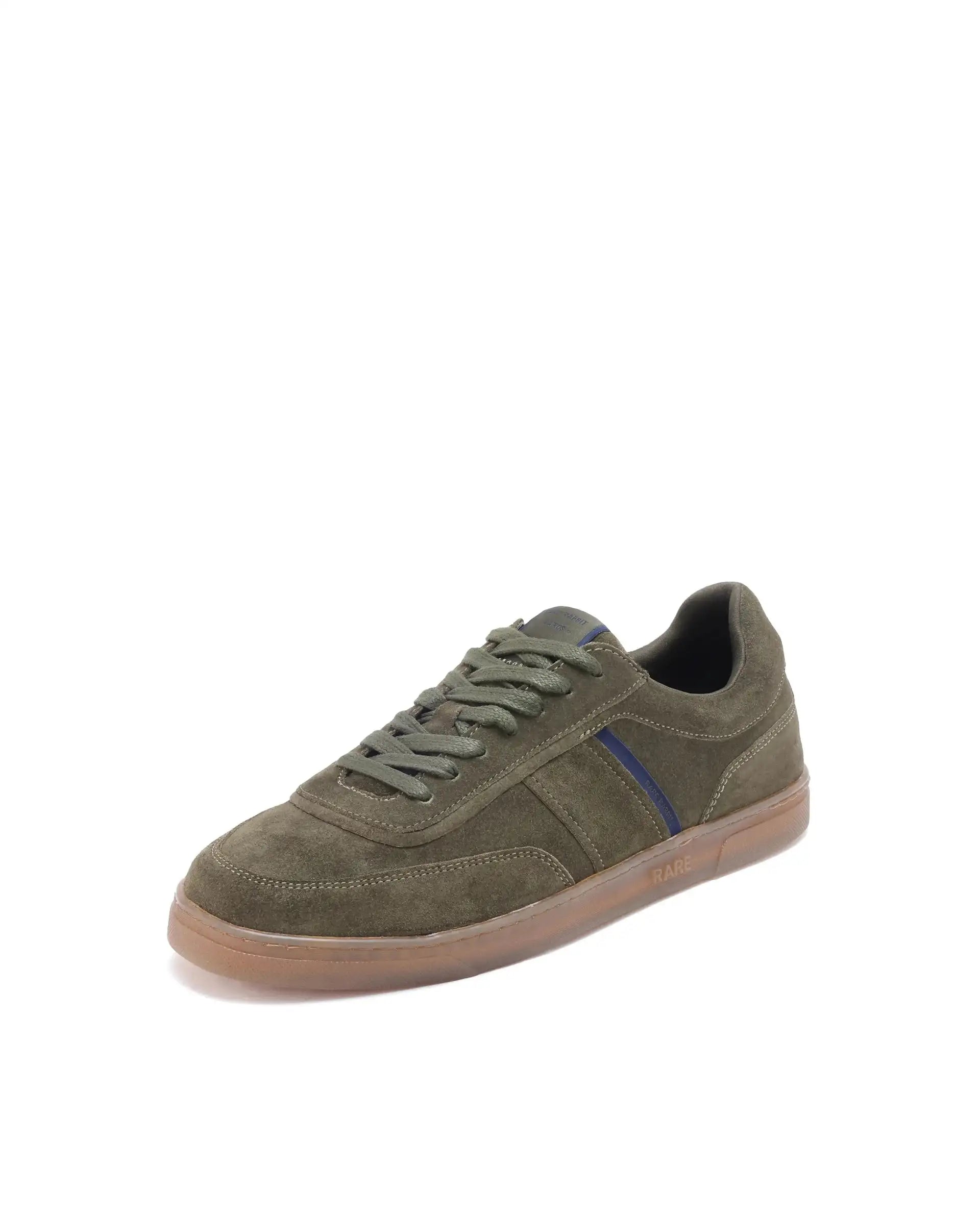 Rare Rabbit Men Kairos Olive Premium Suede Leather Low-Top Lace-Up Sneaker Shoes