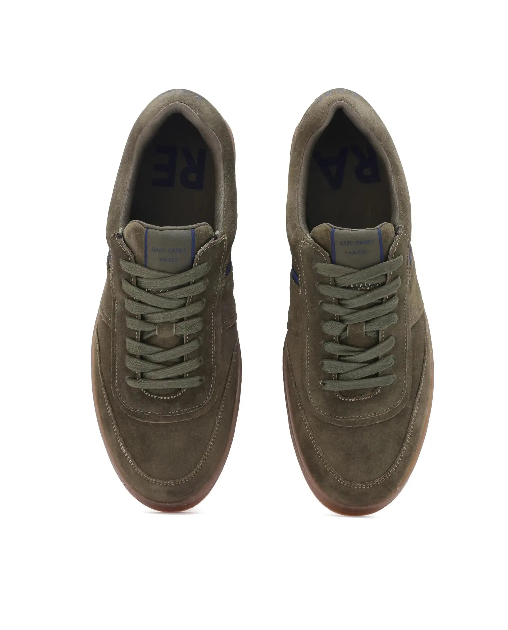 Rare Rabbit Men Kairos Olive Premium Suede Leather Low-Top Lace-Up Sneaker Shoes