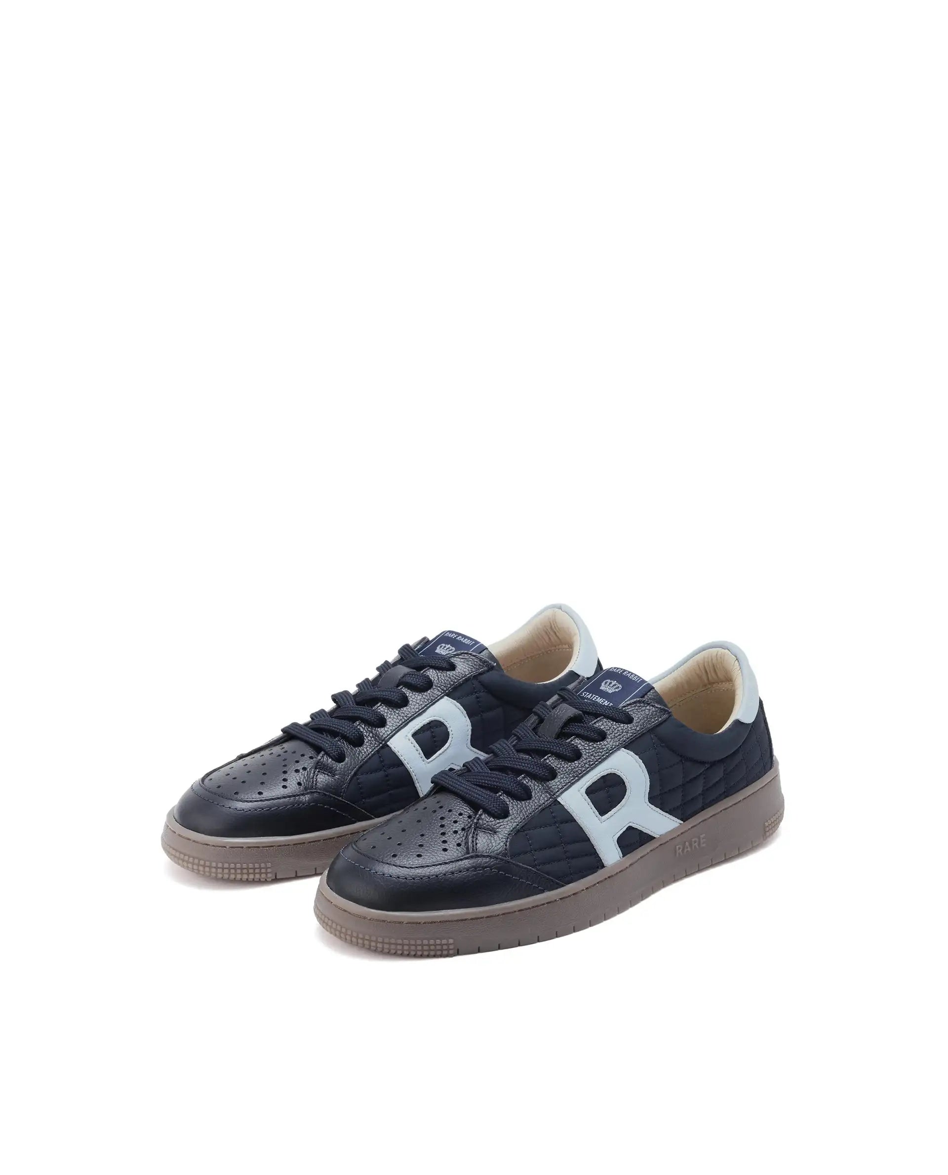 Rare Rabbit Men Quilt Navy Parachute Fabric With Milled Leather Low-Top Lace Up Quilted Sneaker Shoes