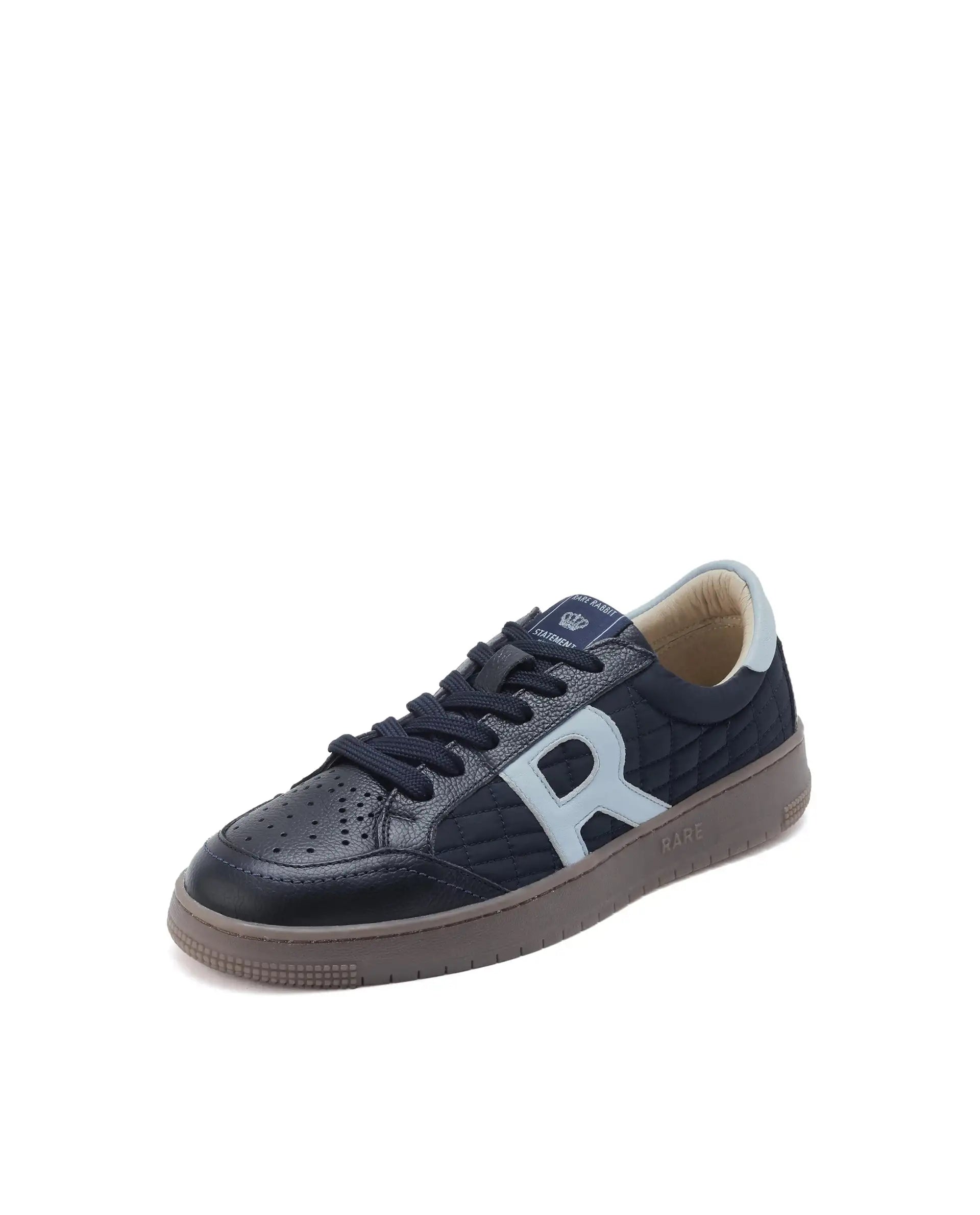 Rare Rabbit Men Quilt Navy Parachute Fabric With Milled Leather Low-Top Lace Up Quilted Sneaker Shoes