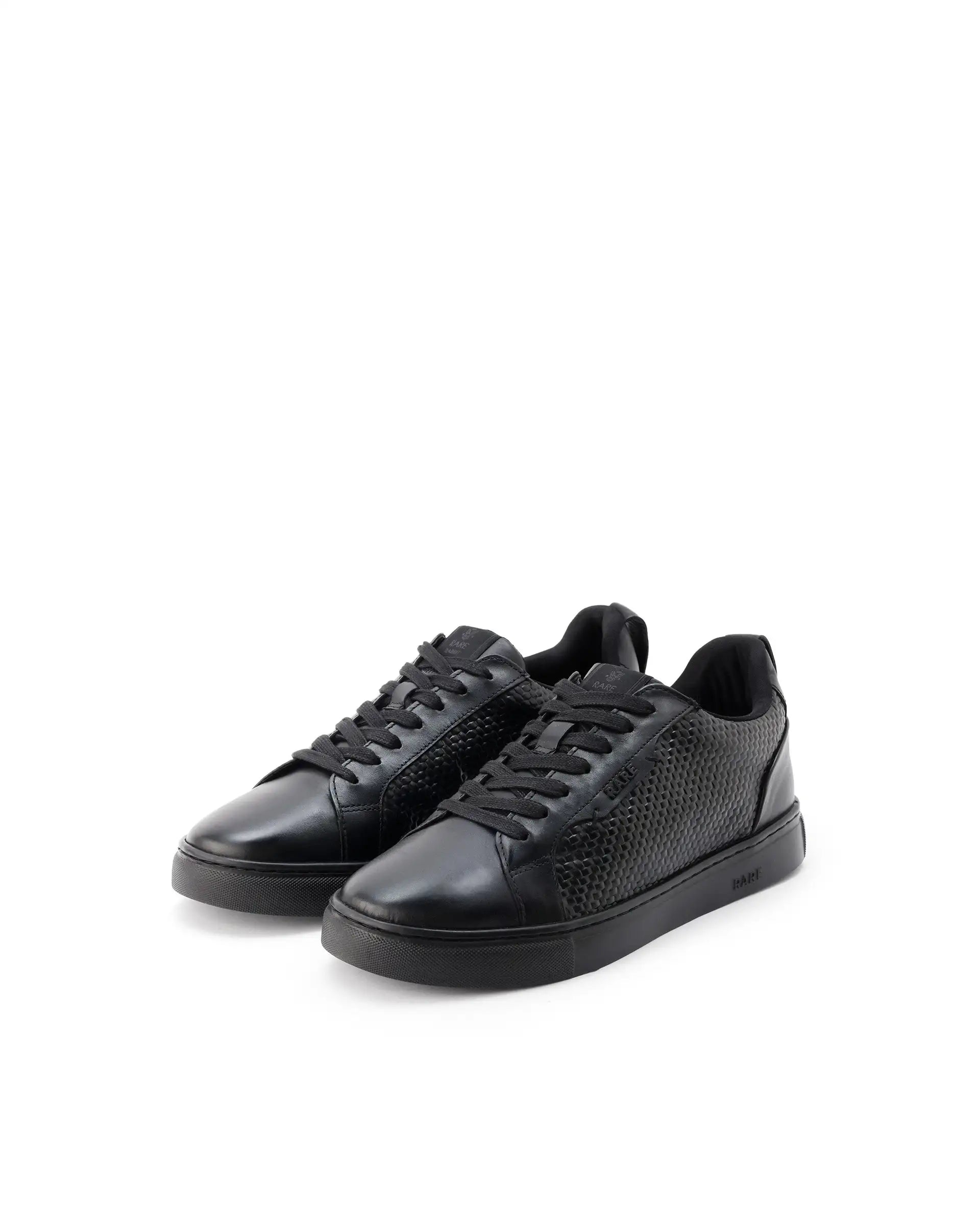 Rare Rabbit Mens Rapso Black Round Toe Low-Top Embossed Lace-Up Sneaker Shoes