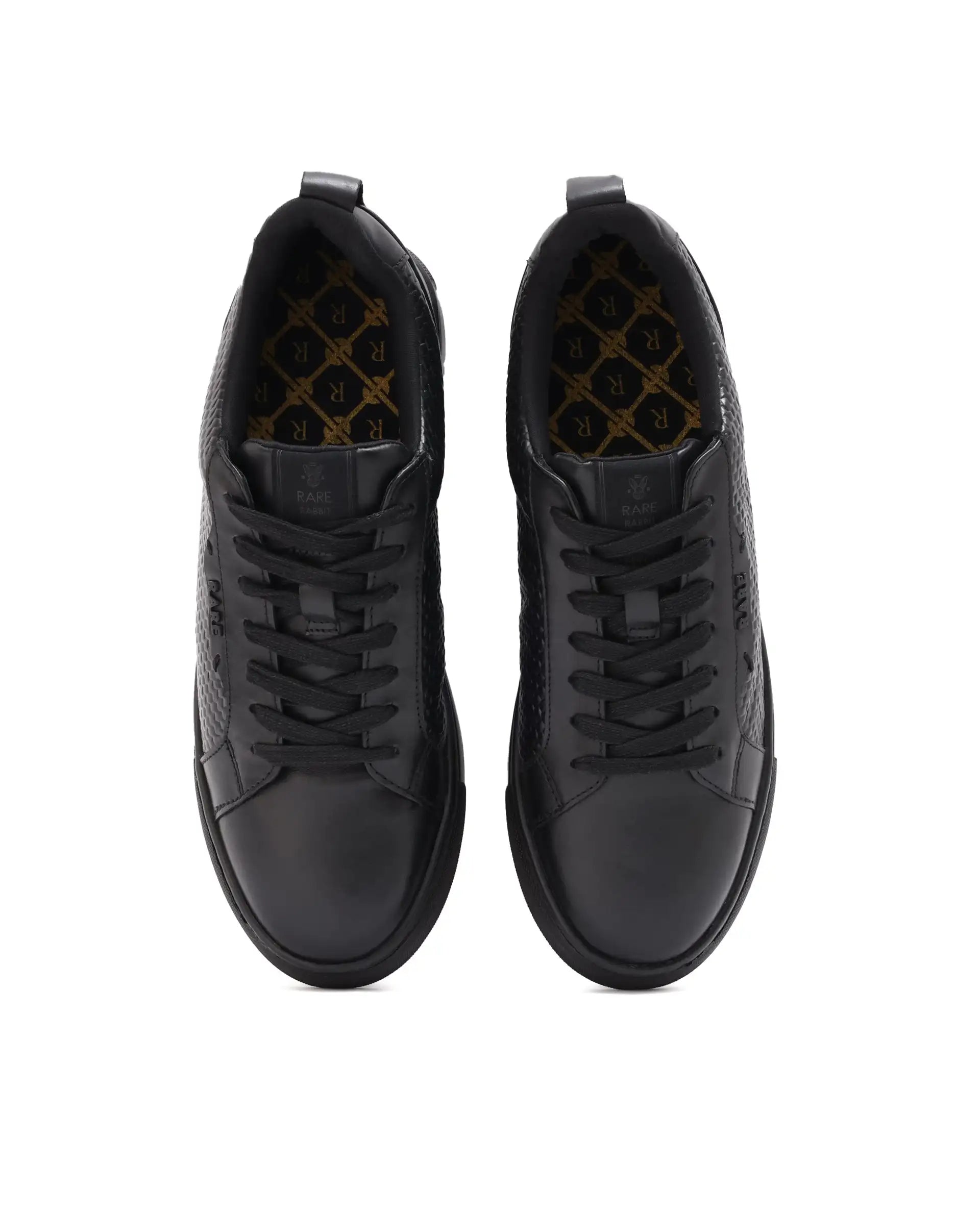 Rare Rabbit Mens Rapso Black Round Toe Low-Top Embossed Lace-Up Sneaker Shoes