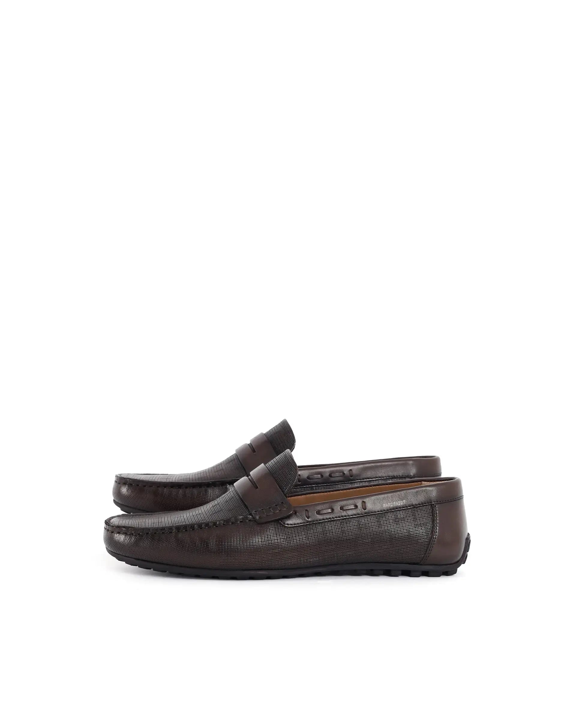Rare Rabbit Men's Saffian Brown Slip-On Textured Genuine Leather Driver Moccasin