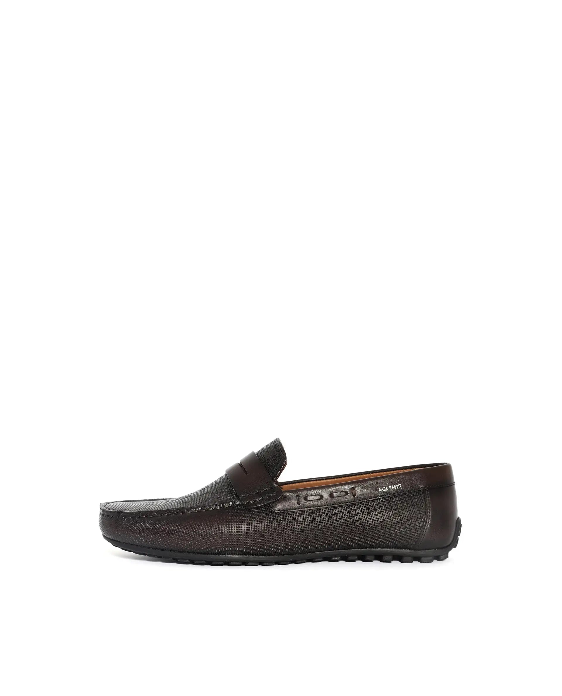 Rare Rabbit Men's Saffian Brown Slip-On Textured Genuine Leather Driver Moccasin