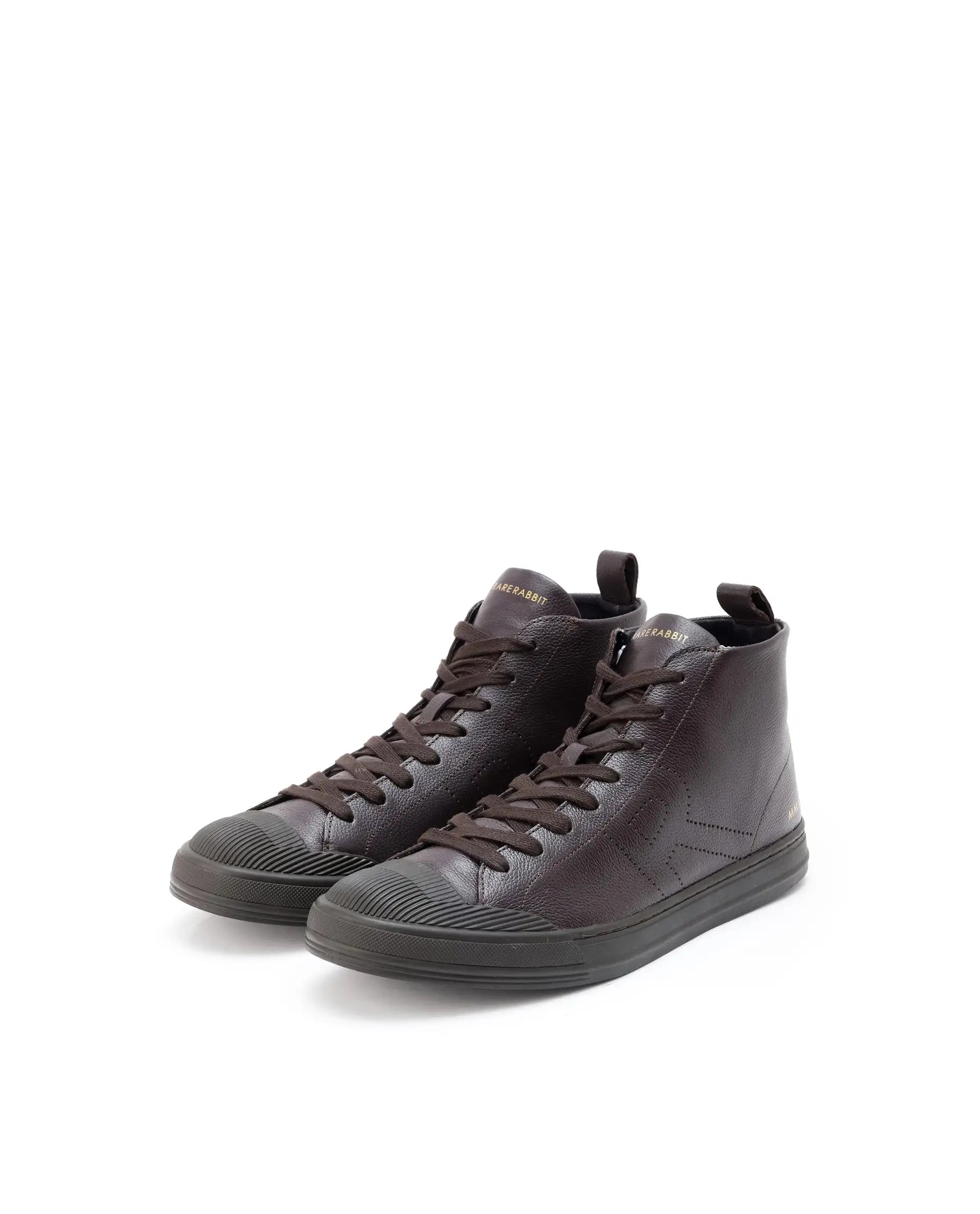 Rare Rabbit Mens Sauron Hi Pro Dark Brown Premium Milled Leather Lace Up High Top Round Toe Sneaker Shoes