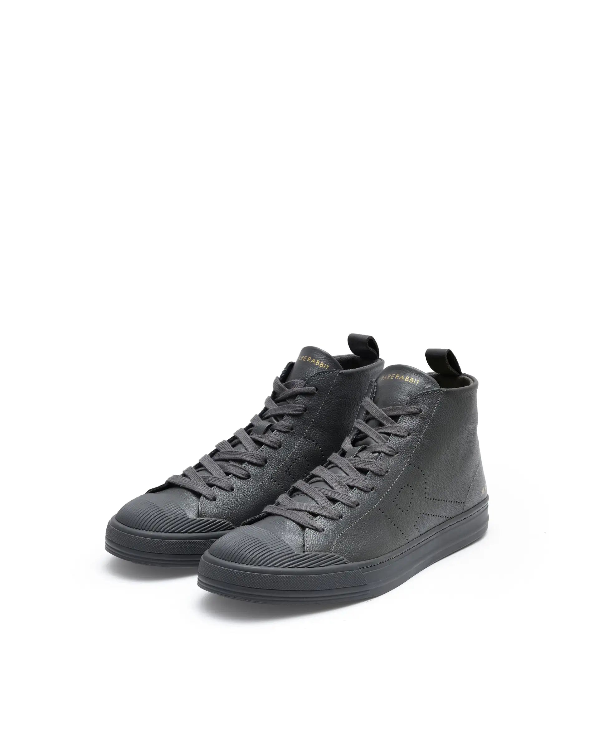 Rare Rabbit Mens Sauron Hi Pro Dark Grey Premium Milled Leather Lace Up High Top Round Toe Sneaker Shoes