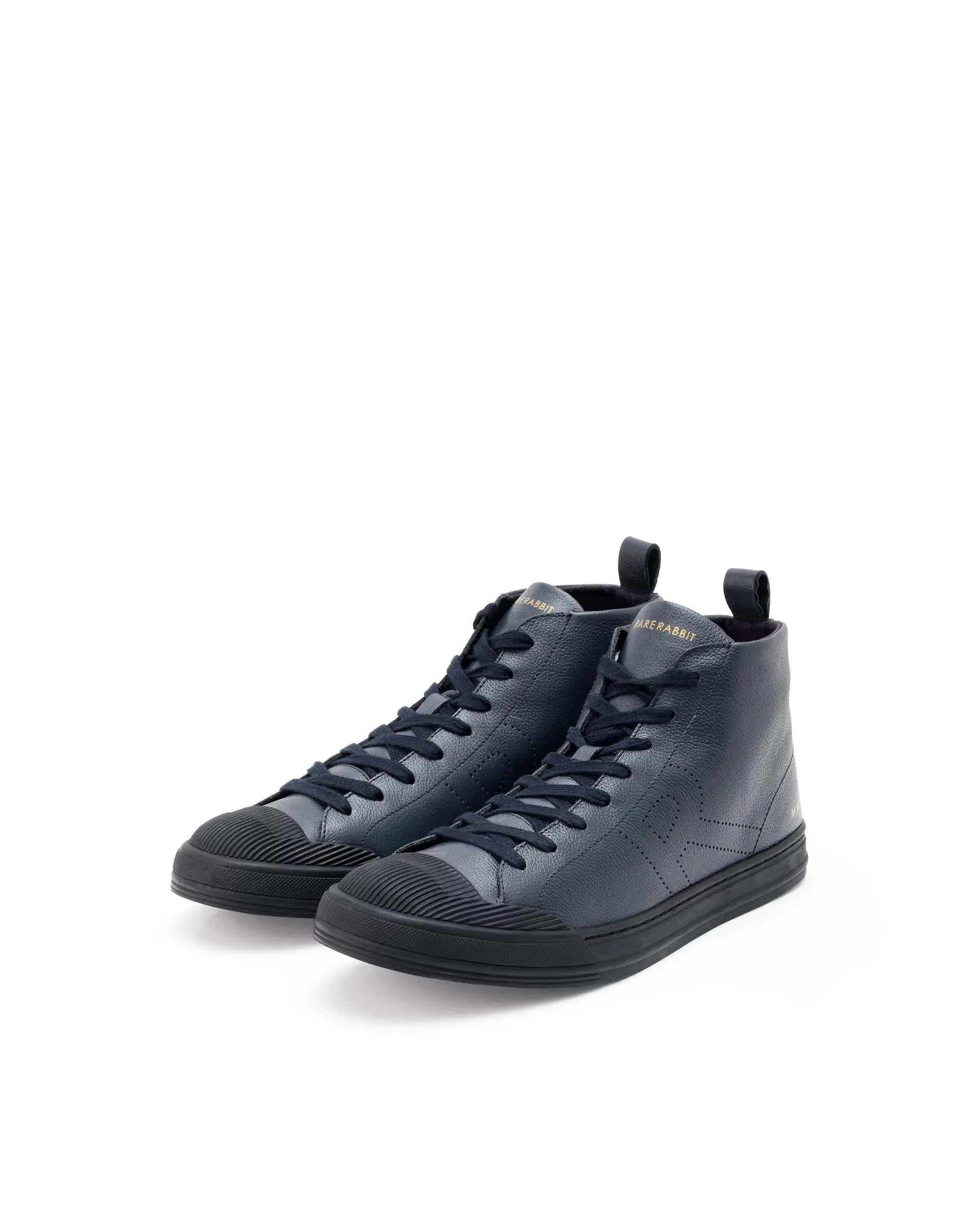 Rare Rabbit Mens Sauron Hi Pro Navy Premium Milled Leather Lace Up High Top Round Toe Sneaker Shoes