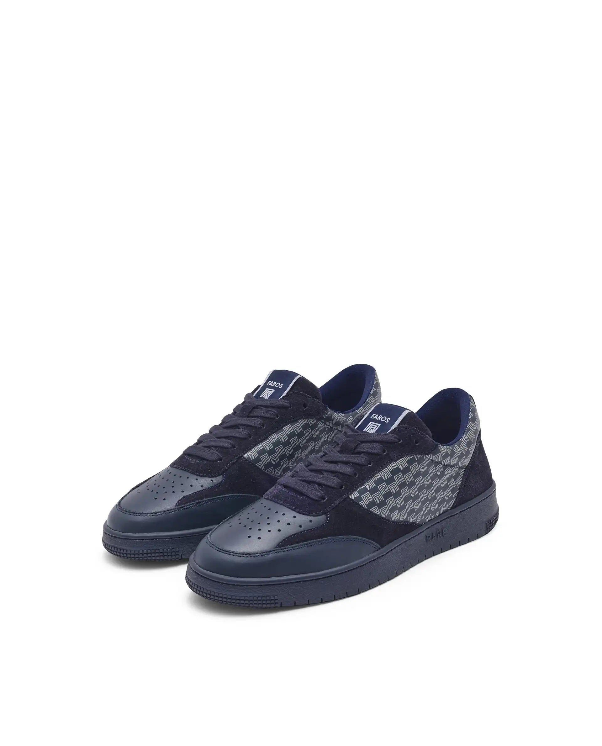 Rare Rabbir Men's Voltro Navy Genuine Leather And Suede Faros "R" Monogram Low-Top Lace-Up Sneaker Shoes