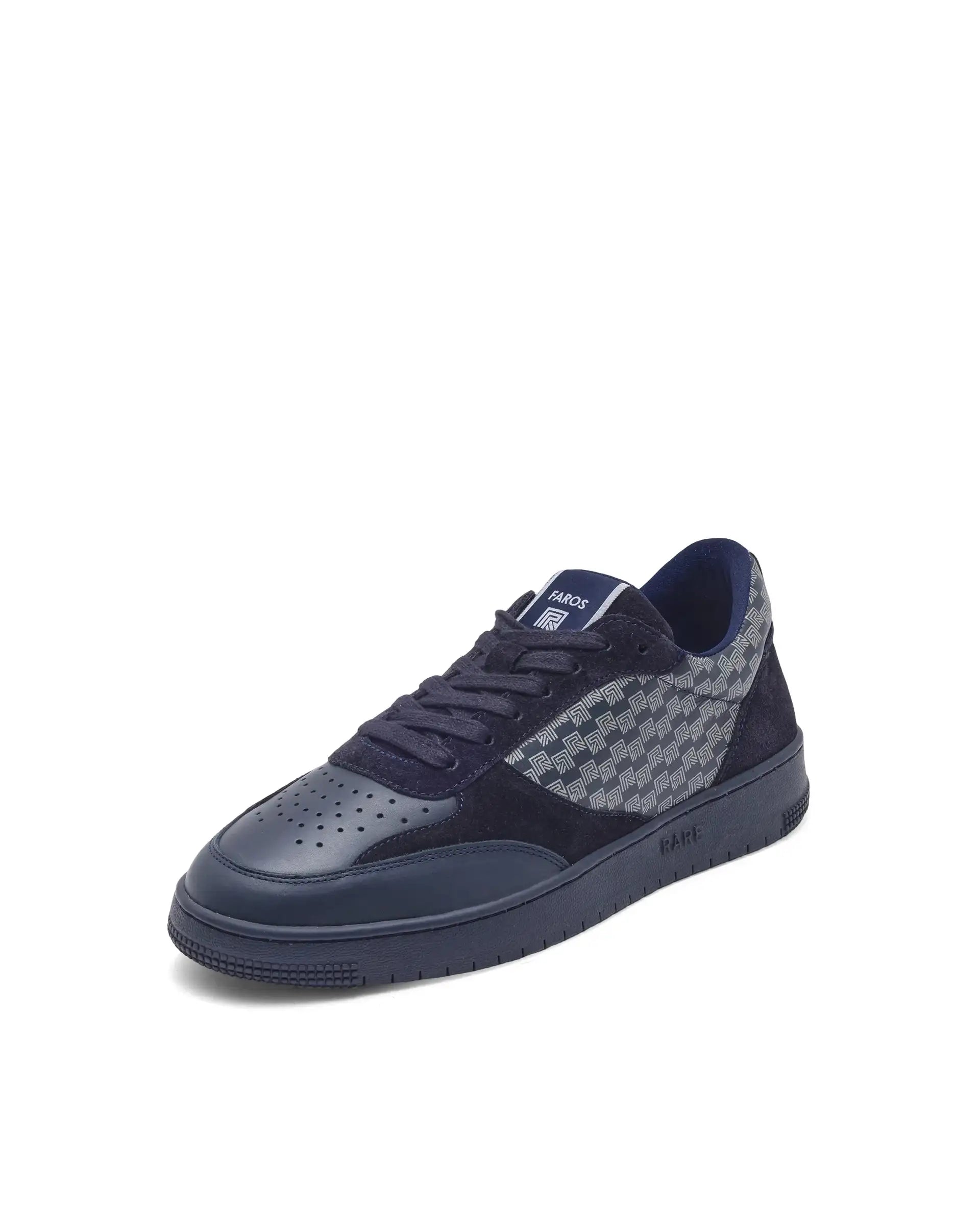 Rare Rabbir Men's Voltro Navy Genuine Leather And Suede Faros "R" Monogram Low-Top Lace-Up Sneaker Shoes