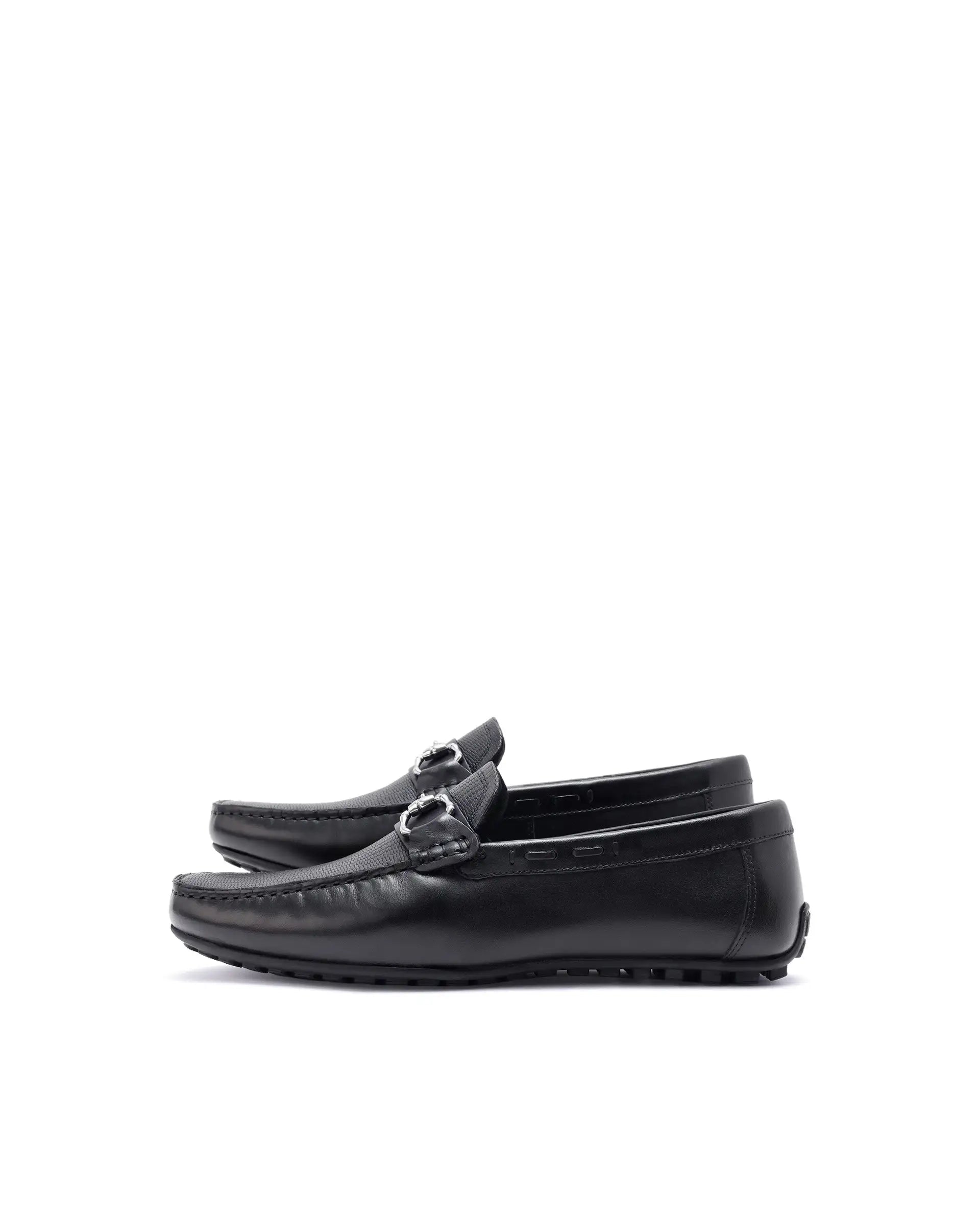 Rare Rabbit Men's Wave Pro Black Genuine Leather Plated Slip-On Driving Moccasins