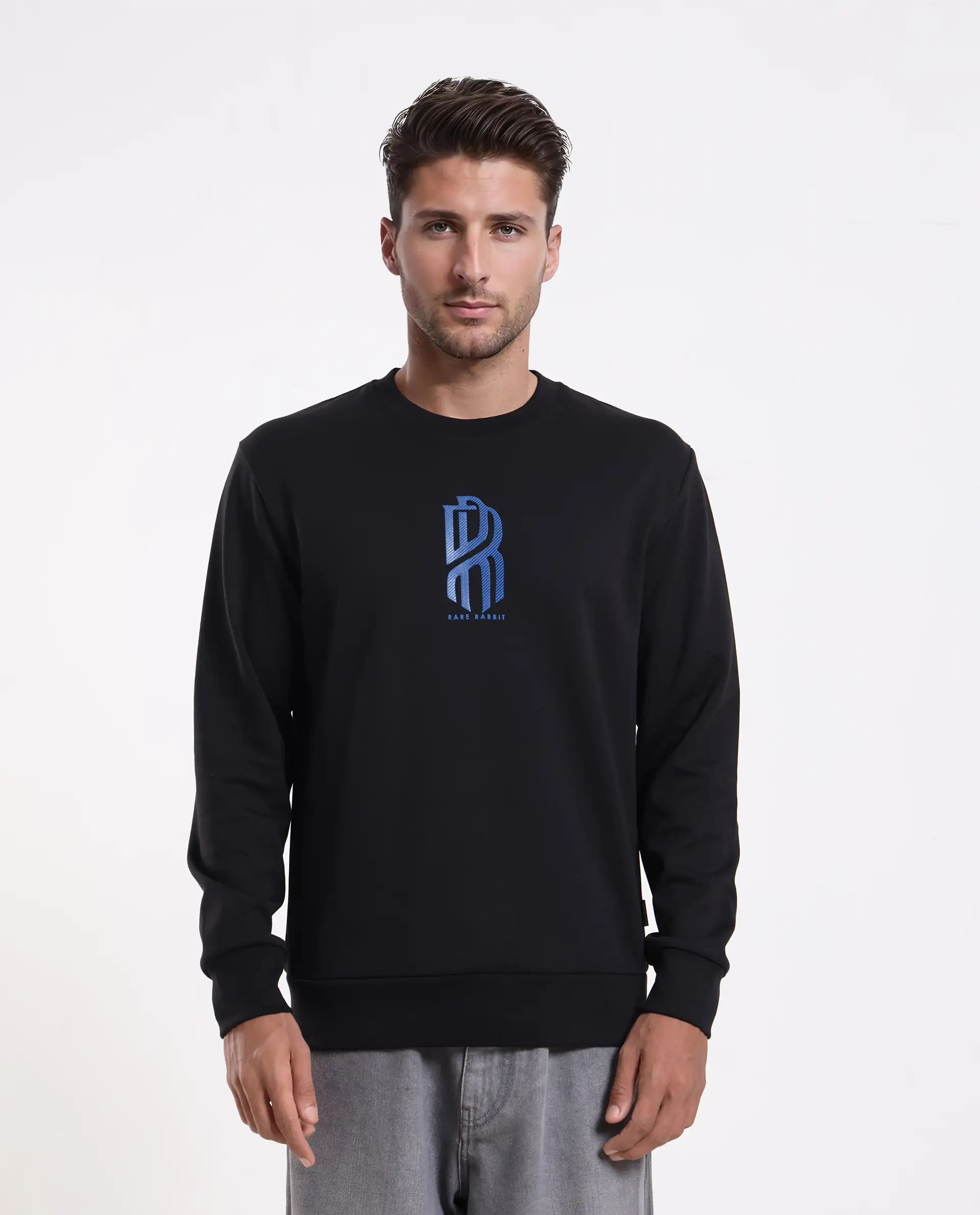 Rare Rabbit Men's Hayd Black Cotton Blend Graphic Print Relaxed Fit Full Sleeve Crew Neck Sweatshirt