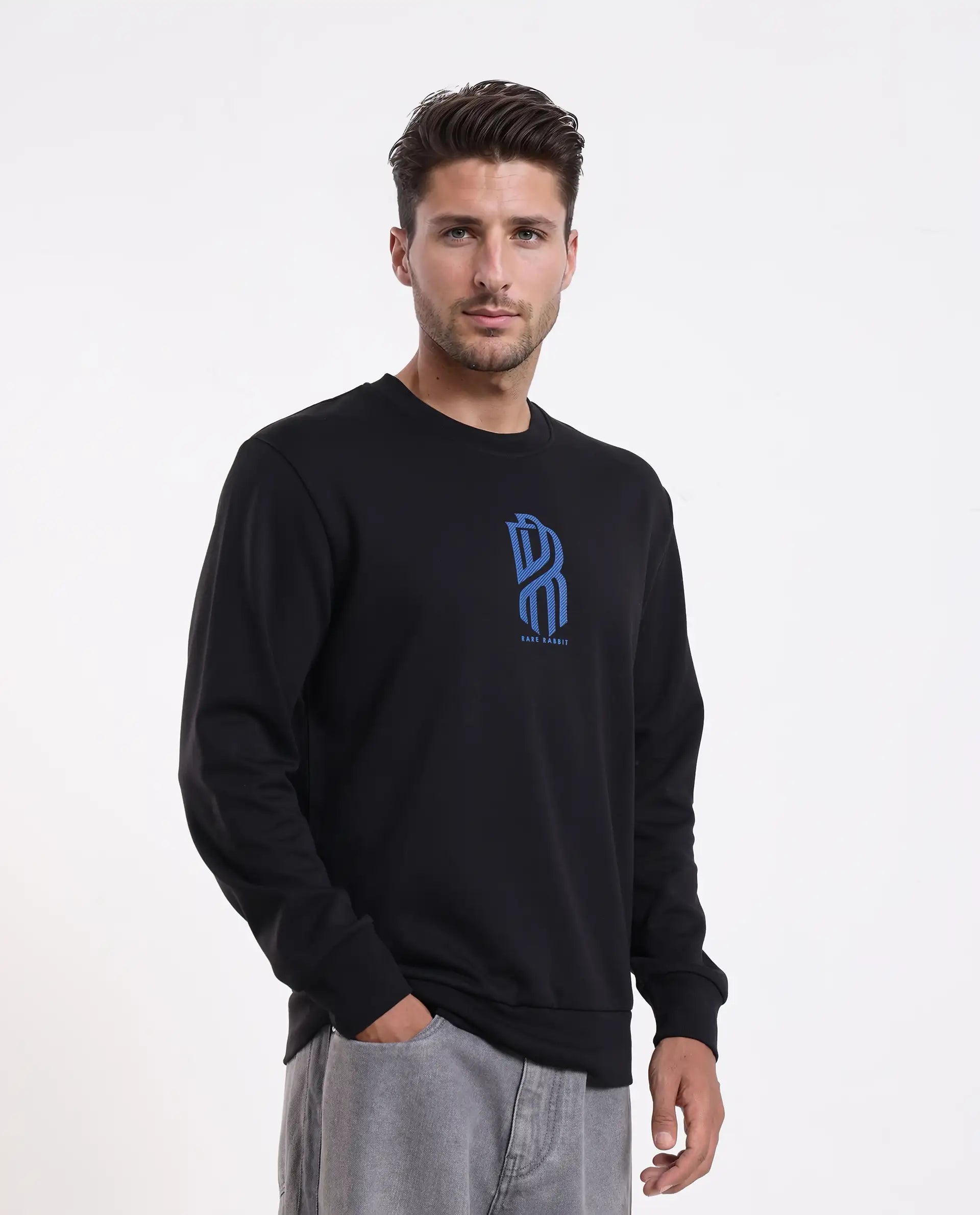 Rare Rabbit Men's Hayd Black Cotton Blend Graphic Print Relaxed Fit Full Sleeve Crew Neck Sweatshirt