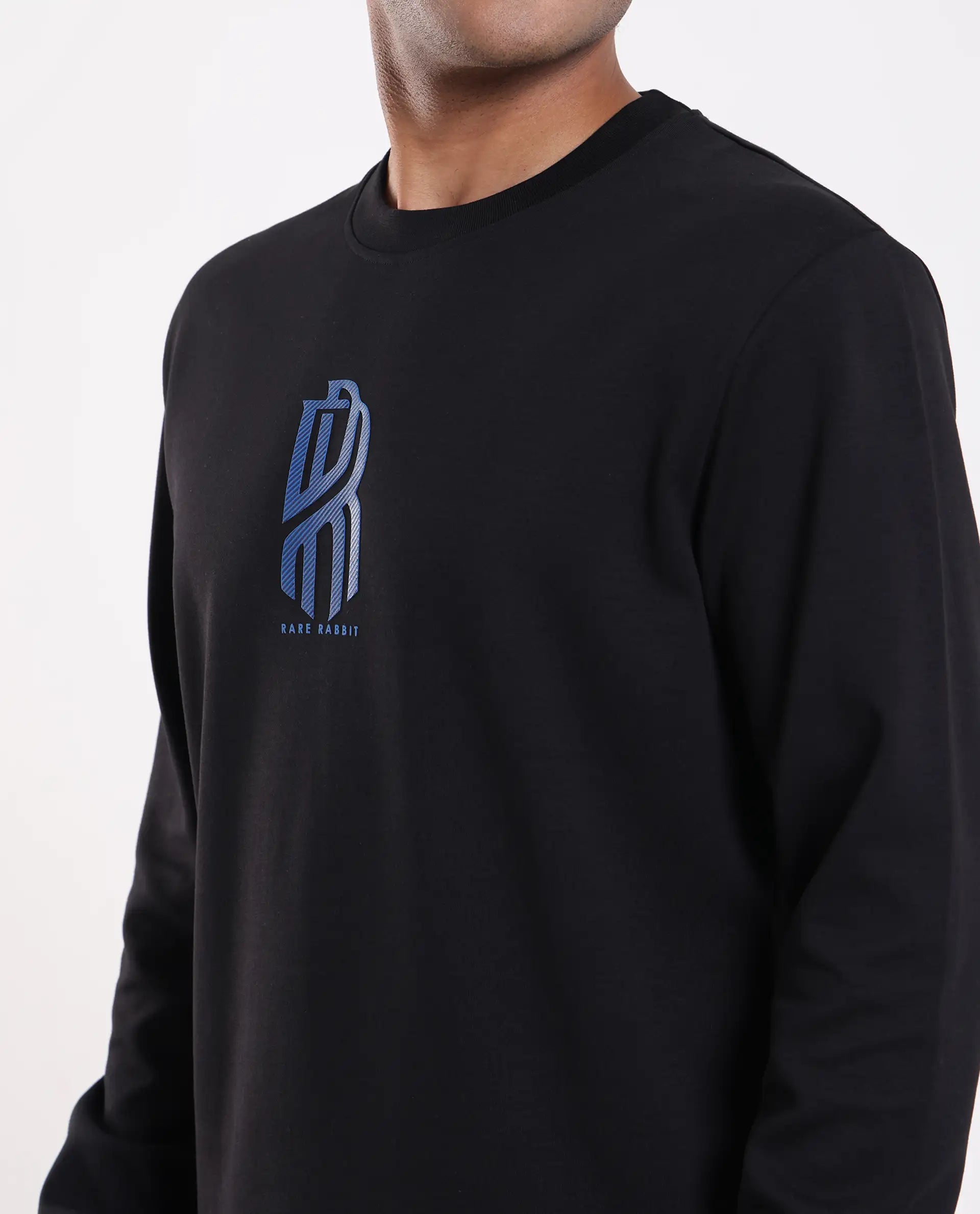 Rare Rabbit Men's Hayd Black Cotton Blend Graphic Print Relaxed Fit Full Sleeve Crew Neck Sweatshirt