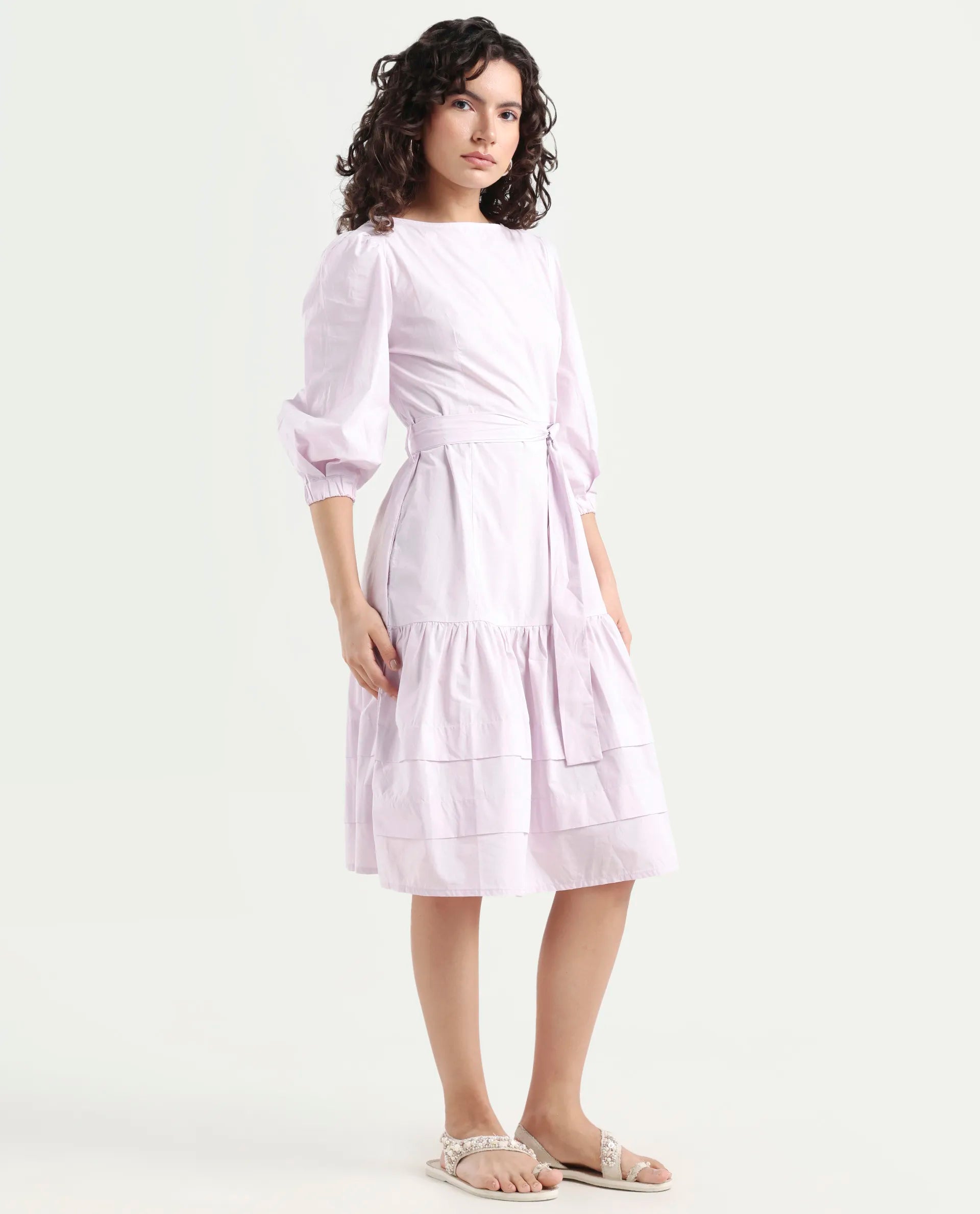 Rareism Women's Hay Purple Cotton Boat Neck Plain Puff Sleeves Knee Length Regular Fit Dress