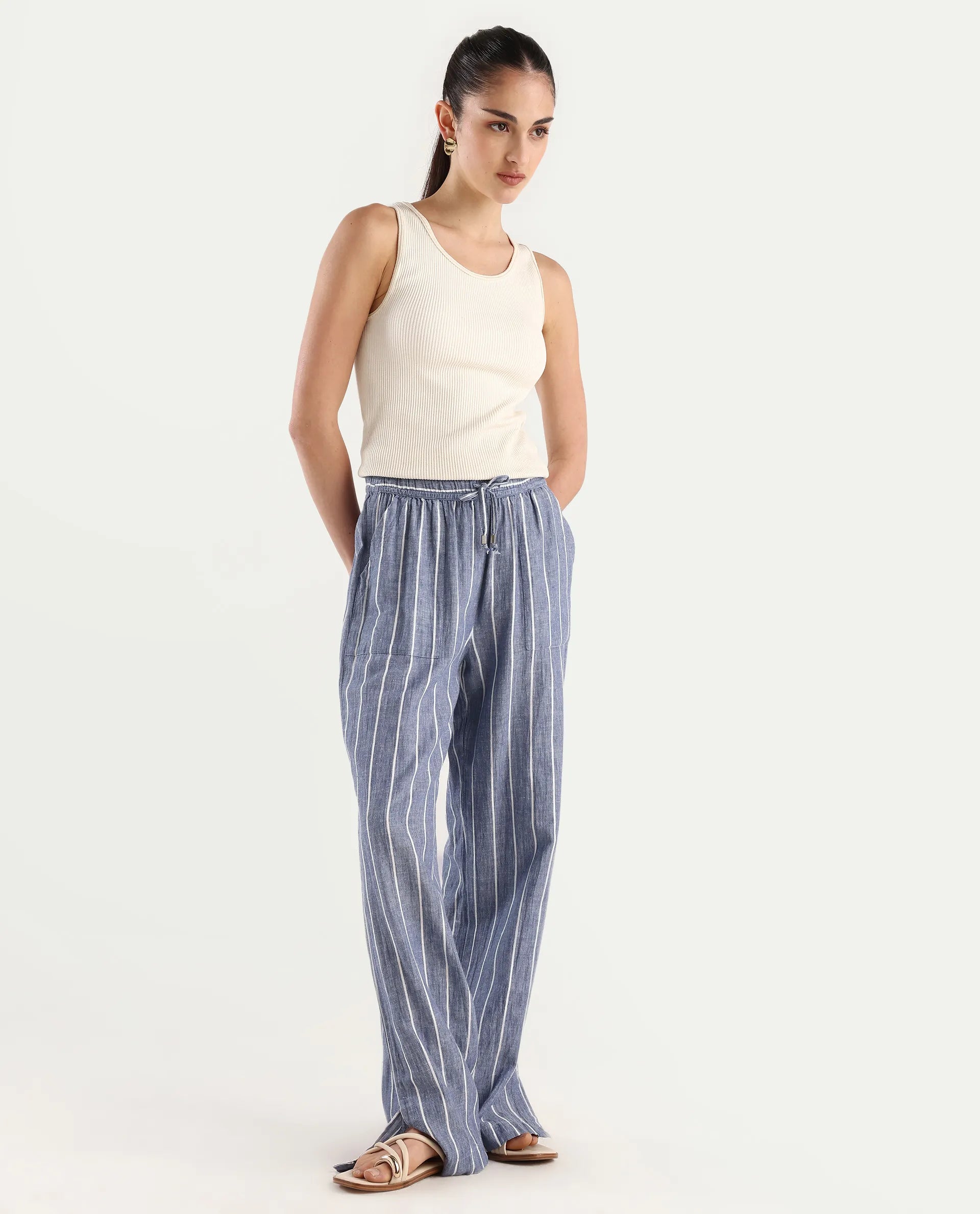 Rareism Women's Helena Blue Linen Striped Ankle Length Relaxed Fit Trouser