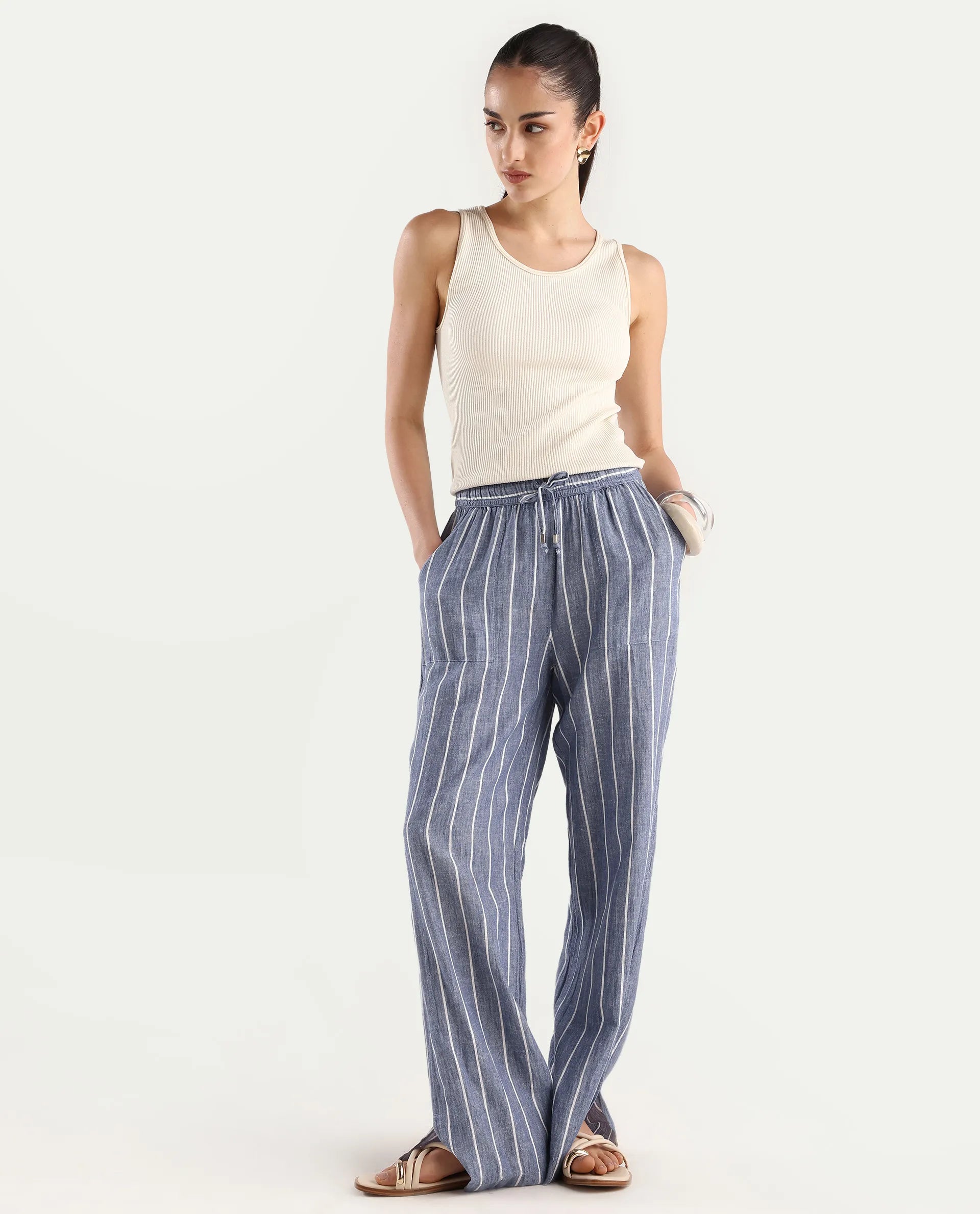 Rareism Women's Helena Blue Linen Striped Ankle Length Relaxed Fit Trouser