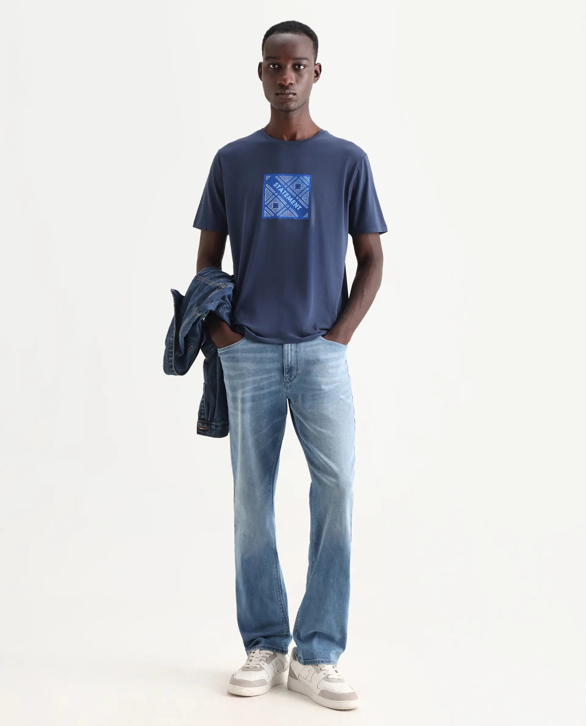 Rare Rabbit Men's Hemo Dusky Blue Cotton Blend Graphic Print Regular Fit Half Sleeve Crew Neck T-Shirt
