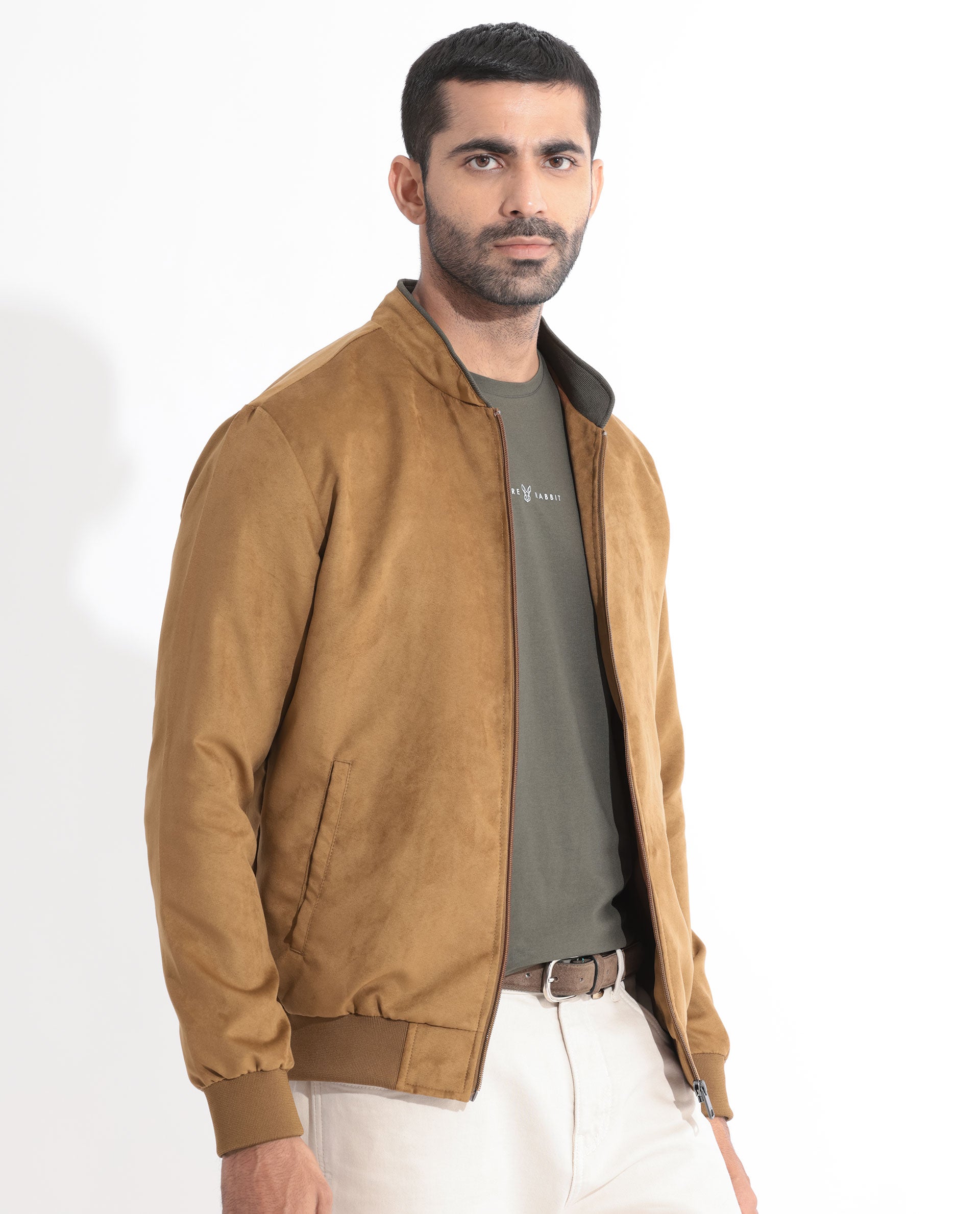 Rare Rabbit Men's Henron Yellow Plain Suede Bomber Jacket