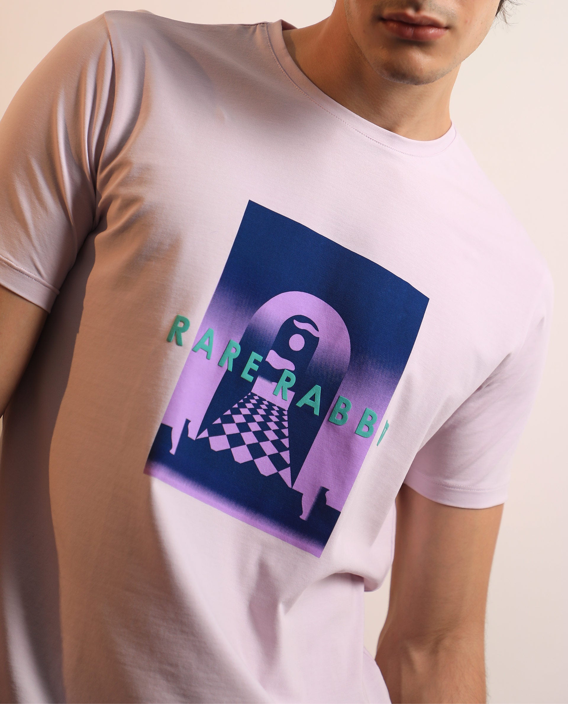 Rare Rabbit Men's Rives Pastel Purple Crew Neck Discharge and HD Print Branding Half Sleeves Slim Fit T-Shirt