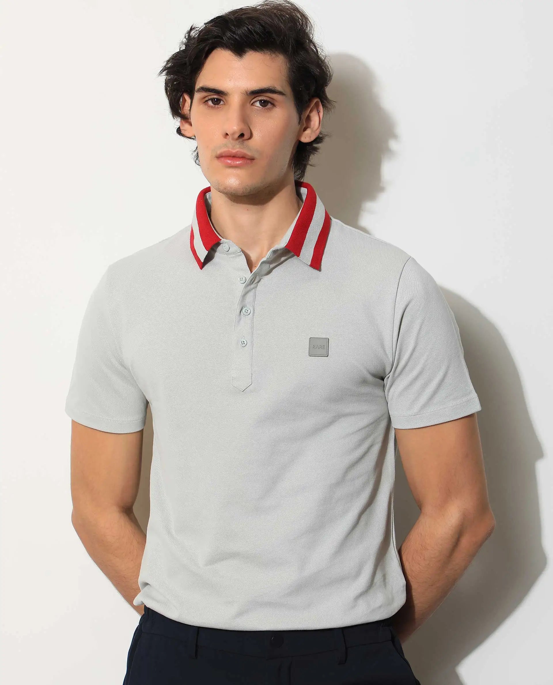 Rare Rabbit Men's Divide Light Grey Cotton Plain Regular Fit Half Sleeve Polo