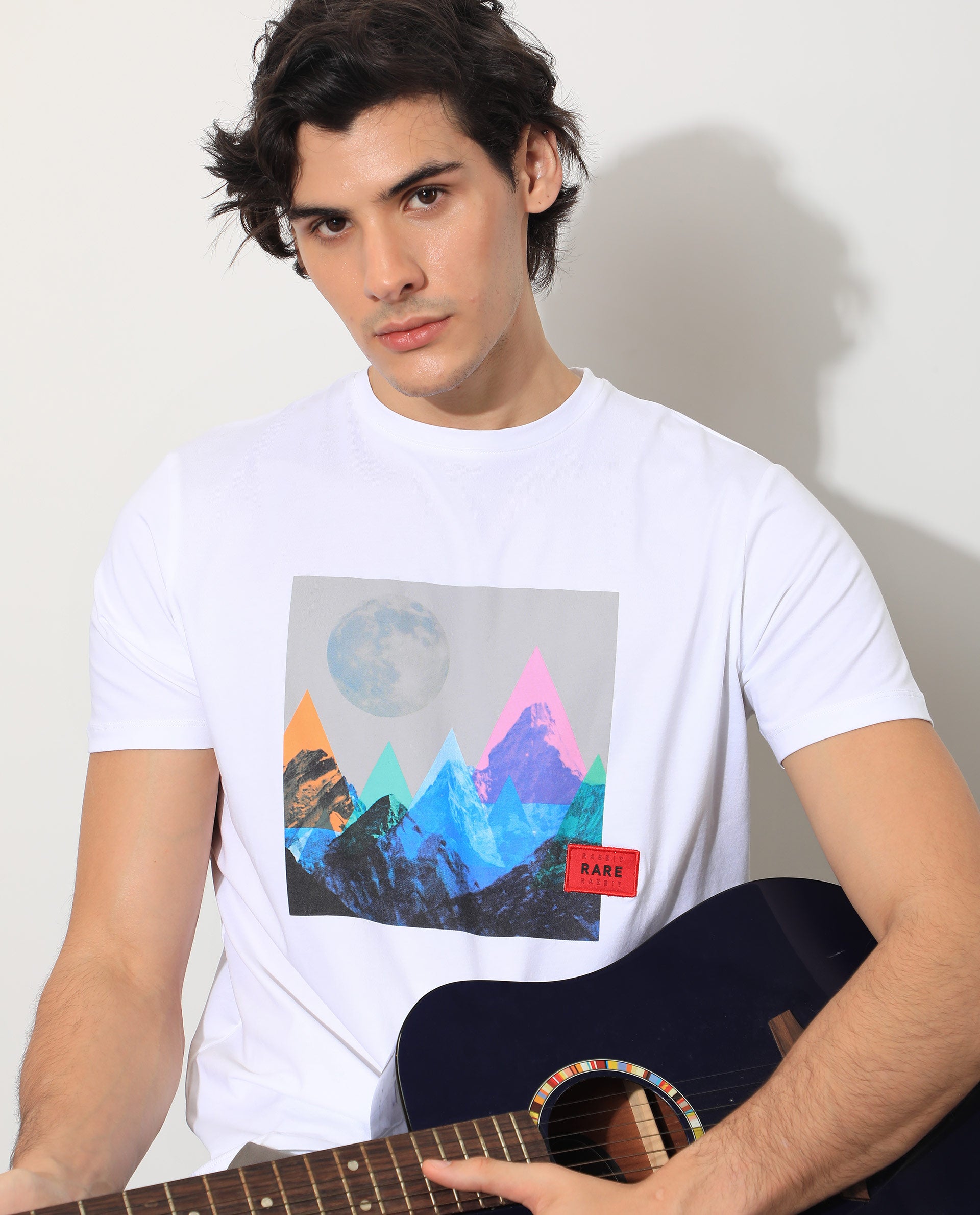 Rare Rabbit Men's Oden White Crew Neck Abstract Graphic Printed Half Sleeves Slim Fit T-Shirt