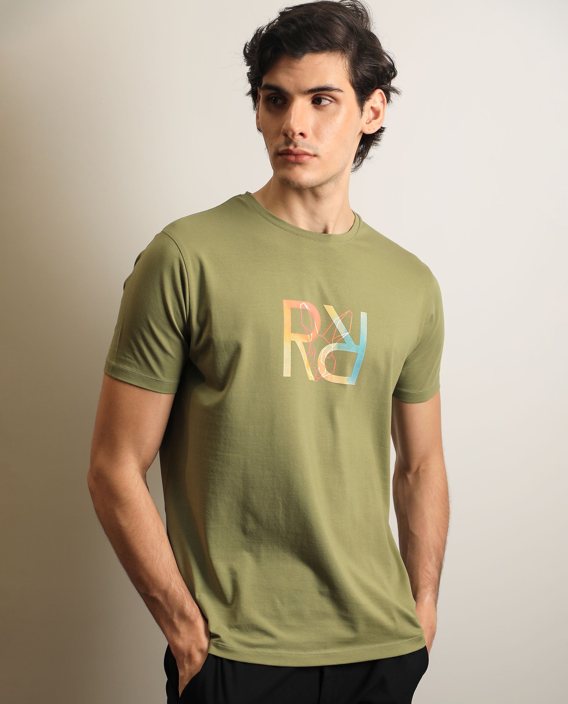Rare Rabbit Men's Tack Olive Crew Neck Graphic Printed Half Sleeves Slim Fit T-Shirt
