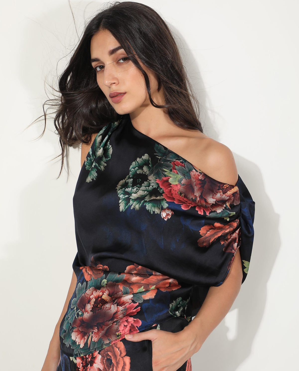 Rareism Women Florent Black Polyester Fabric Off Shoulder Sleeveless Regular Fit Floral Print Top