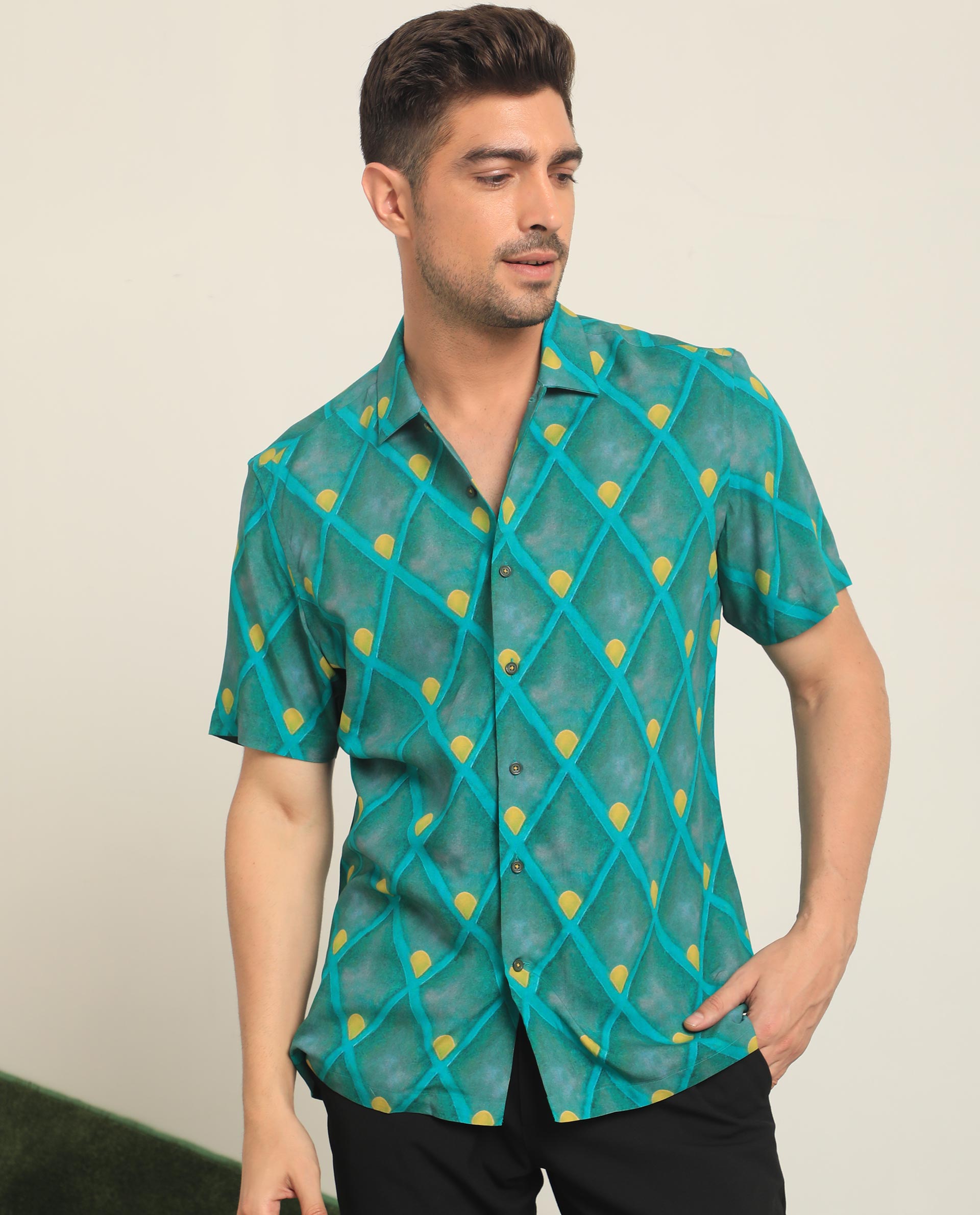 Rare Rabbit Men's Diam Dusky Green Viscose Fabric Geometric Print Half Sleeves Shirt