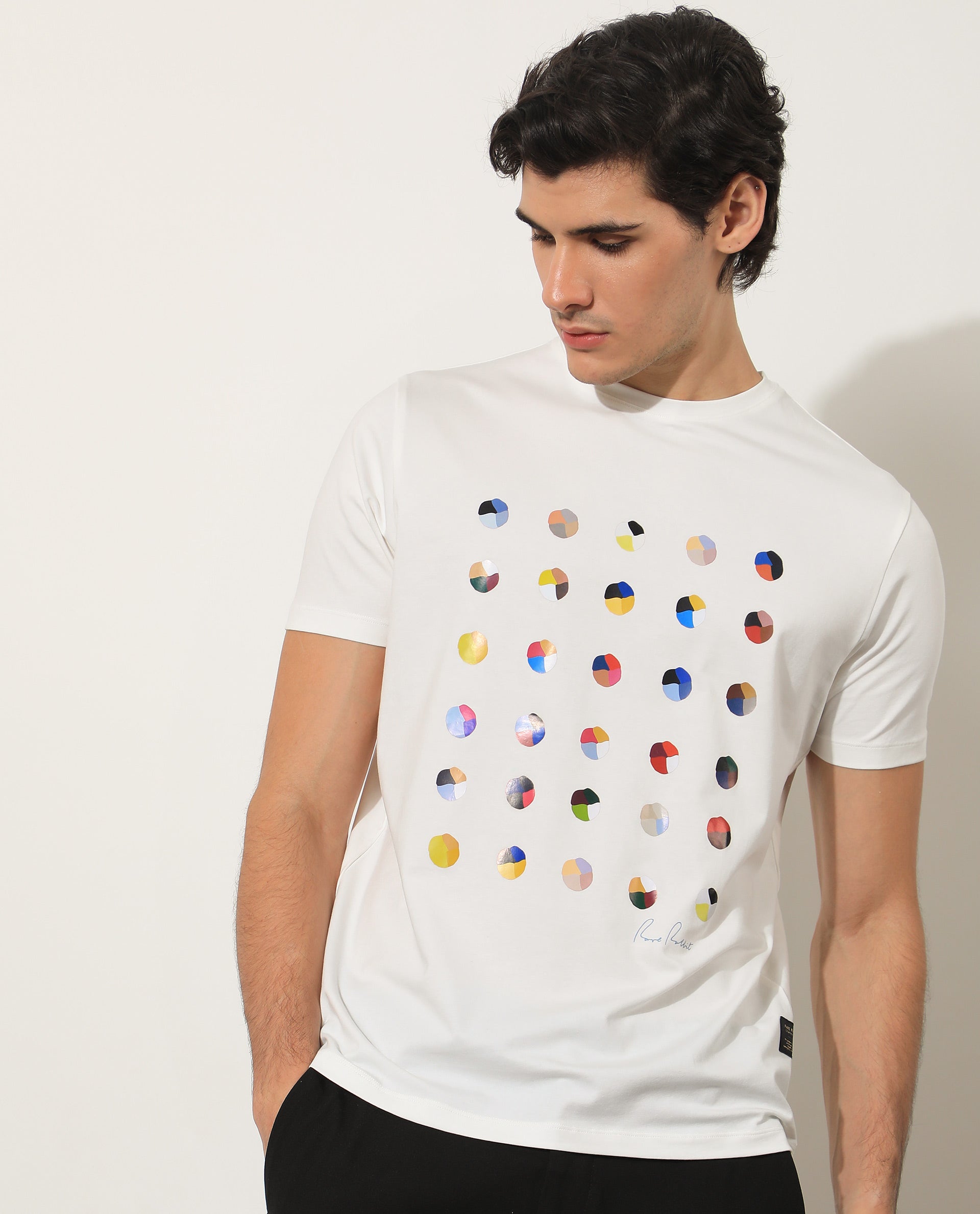 Rare Rabbit Men's Flips Off White Crew Neck Abstract Polka Print Half Sleeves Slim Fit T-Shirt