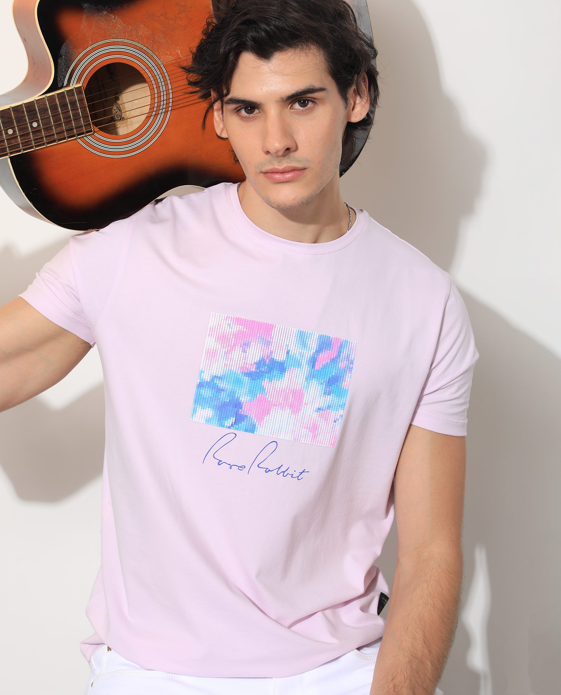 Rare Rabbit Men's Reed Pink Crew Neck Abstract Print With Branding Half Sleeves Slim Fit T-Shirt