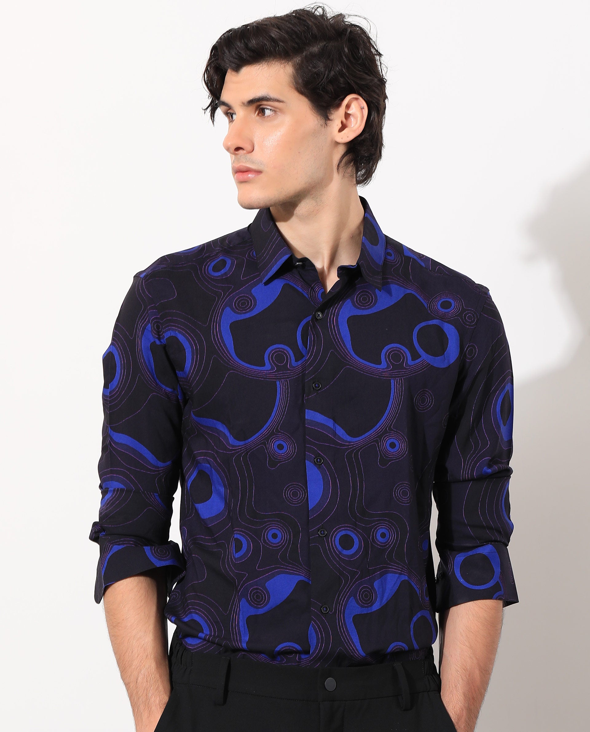Rare Rabbit Men's Inlet Navy Viscose Fabric Abstract Print Full Sleeves Shirt