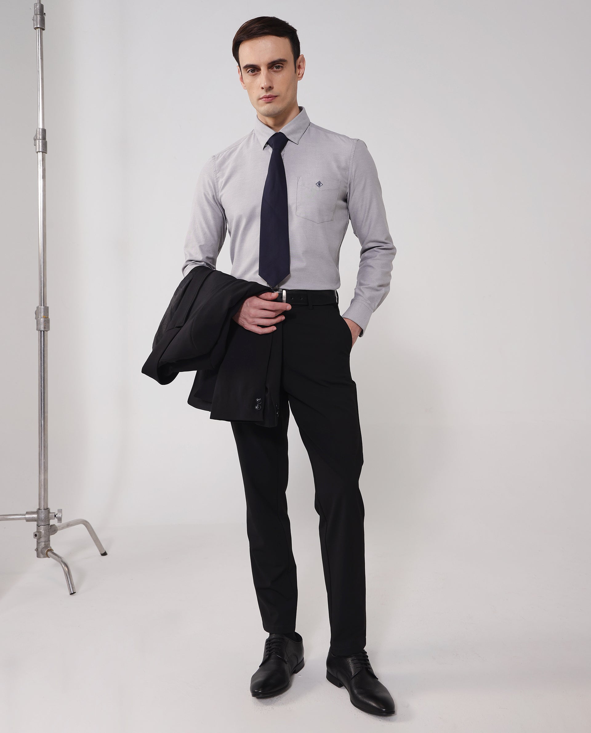 Rare Rabbit Men's Oxfom Grey Cotton Polyester Fabric Full Sleeves Button Down Collar Regular Fit Plain Formal Shirt