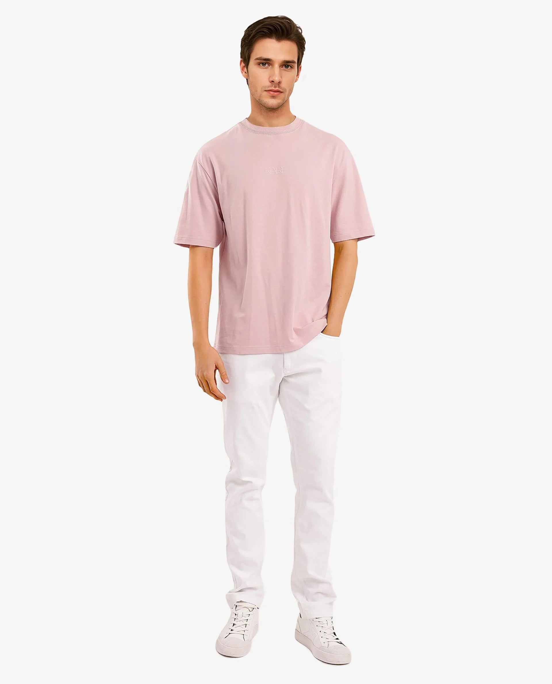 Rare Rabbit Mens Heros-1 Light Pink Cotton Lycra Fabric Blend Drop Shoulder Short Sleeve Oversized Fit Embroidered Logo T-Shirt