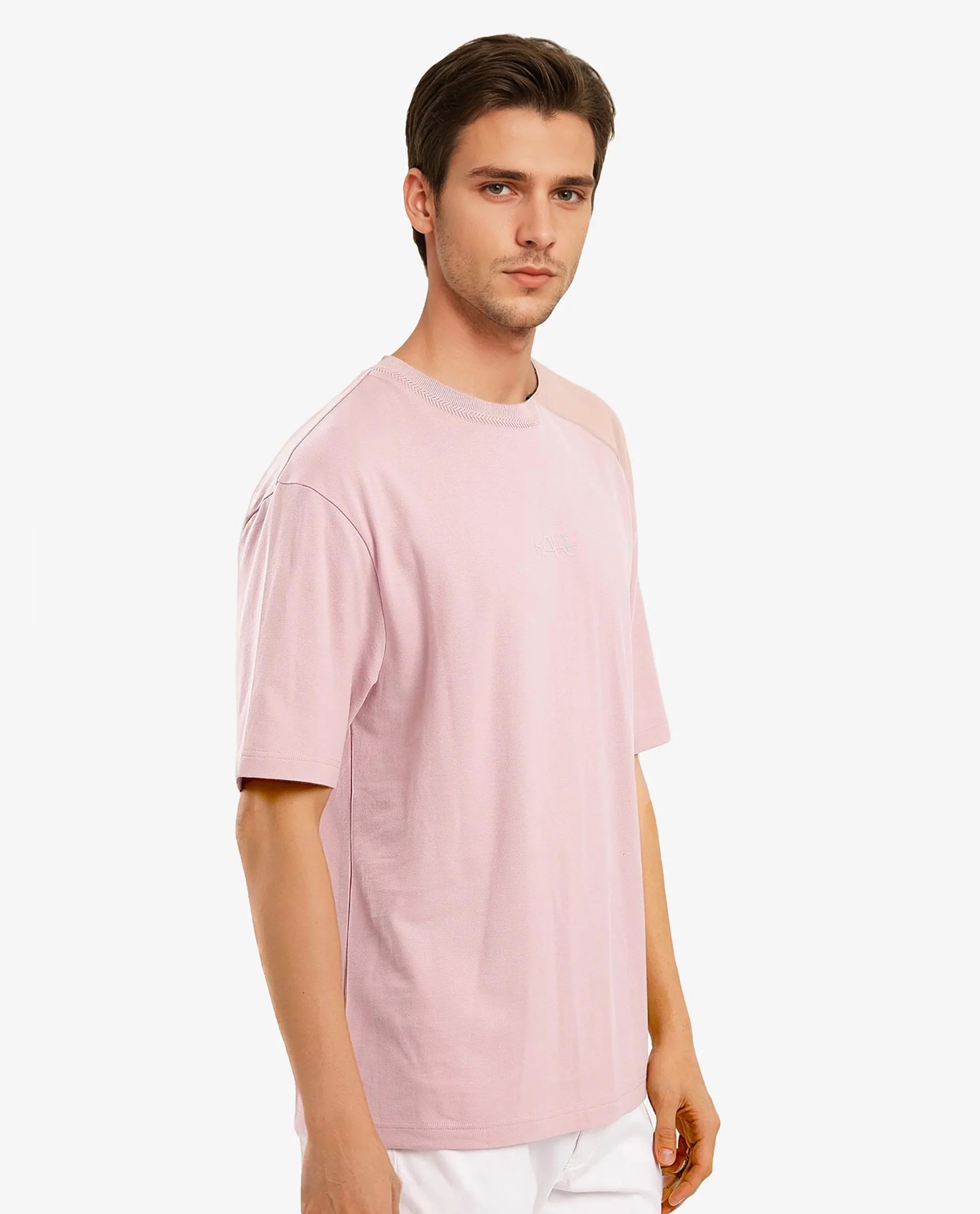 Rare Rabbit Mens Heros-1 Light Pink Cotton Lycra Fabric Blend Drop Shoulder Short Sleeve Oversized Fit Embroidered Logo T-Shirt
