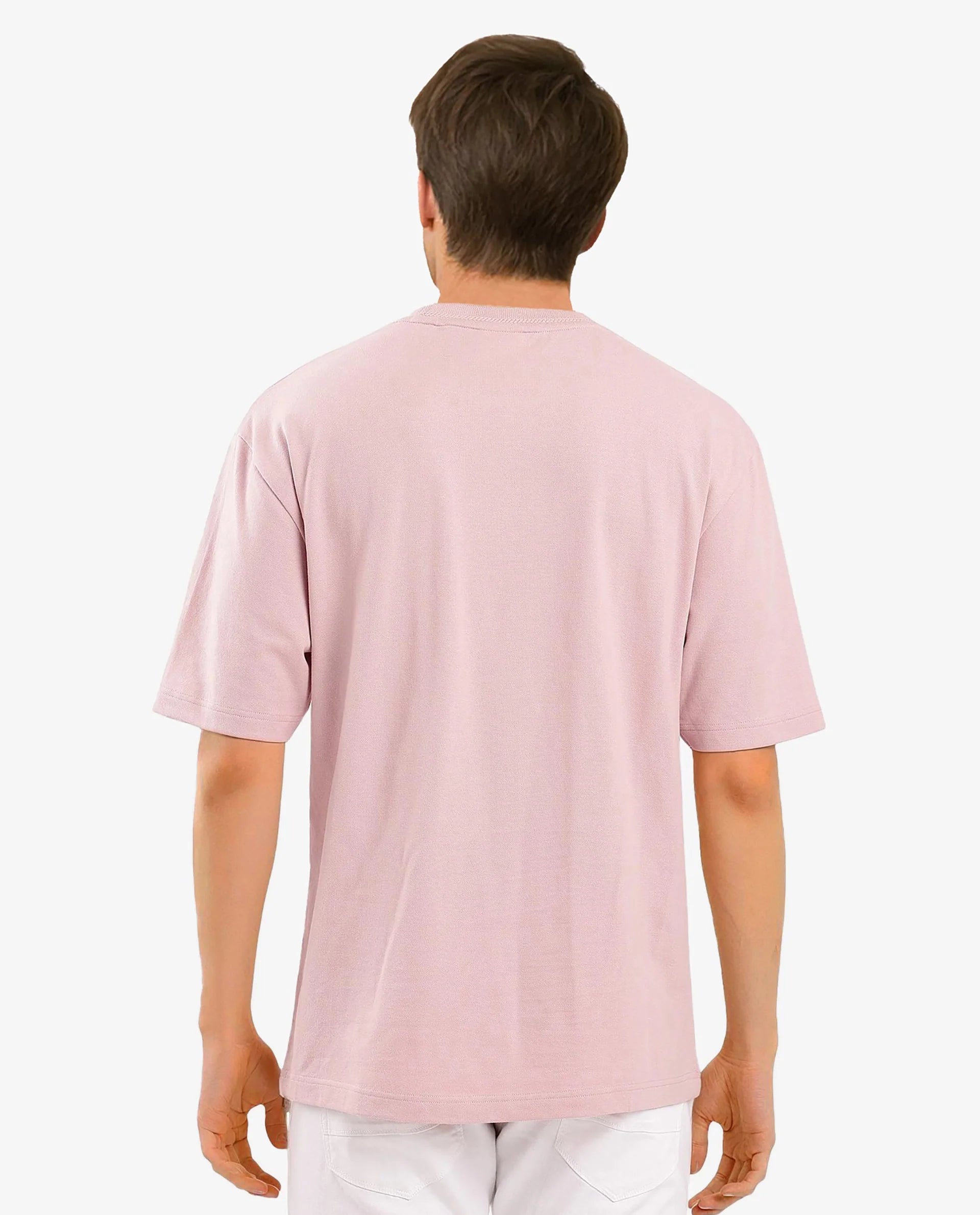 Rare Rabbit Mens Heros-1 Light Pink Cotton Lycra Fabric Blend Drop Shoulder Short Sleeve Oversized Fit Embroidered Logo T-Shirt