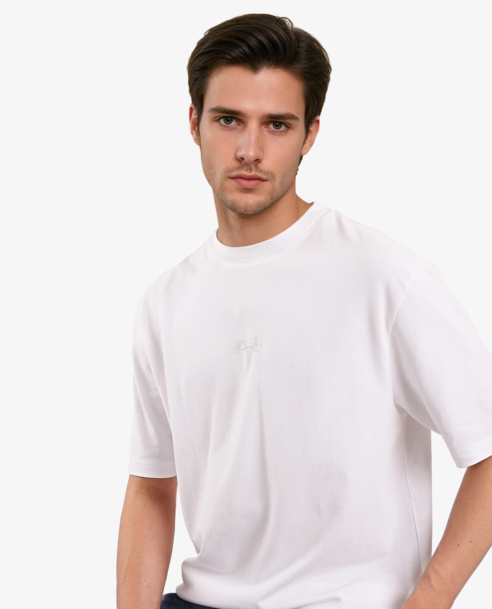 Rare Rabbit Mens Heros-1 White Cotton Lycra Fabric Blend Drop Shoulder Short Sleeve Oversized Fit Embroidered Logo T-Shirt