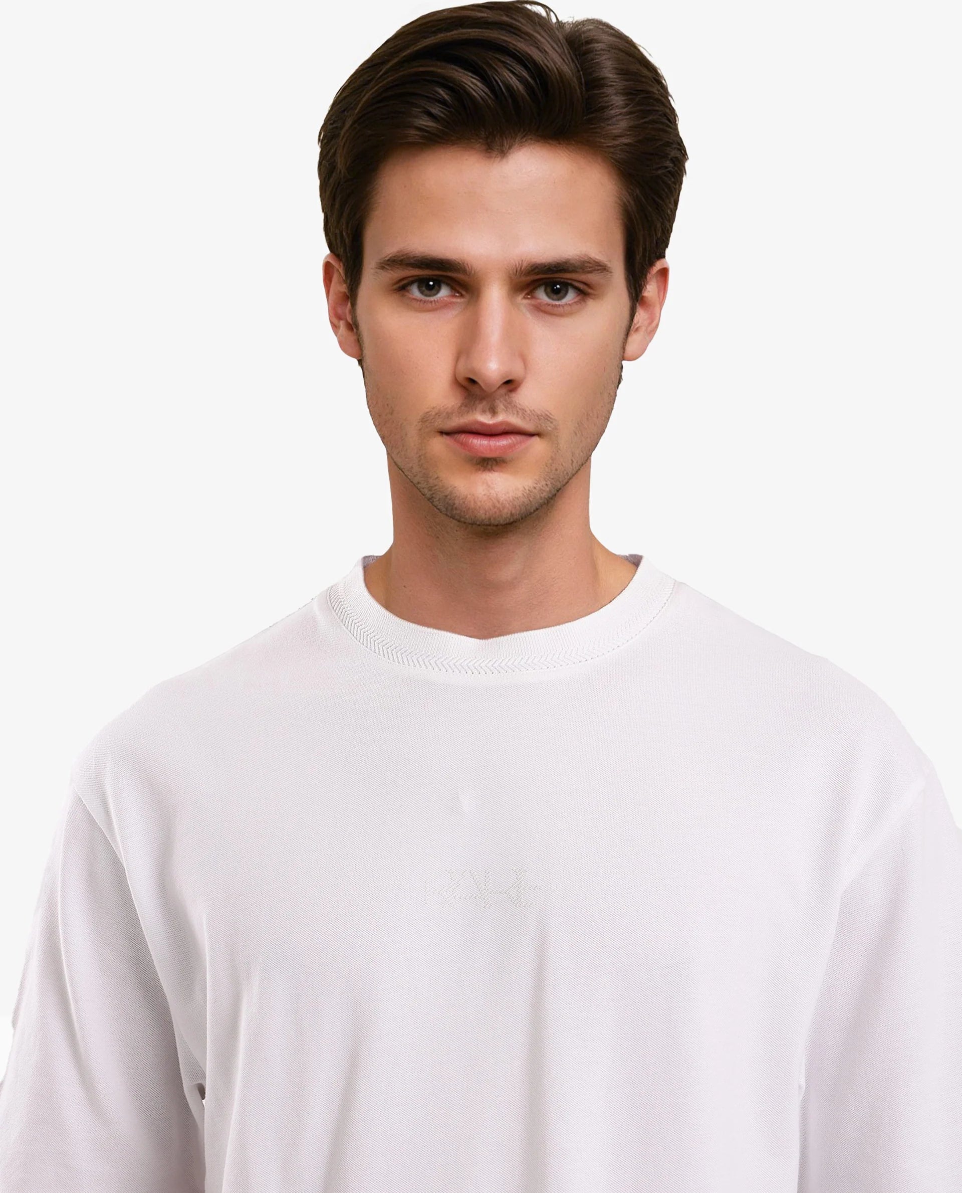 Rare Rabbit Mens Heros-1 White Cotton Lycra Fabric Blend Drop Shoulder Short Sleeve Oversized Fit Embroidered Logo T-Shirt