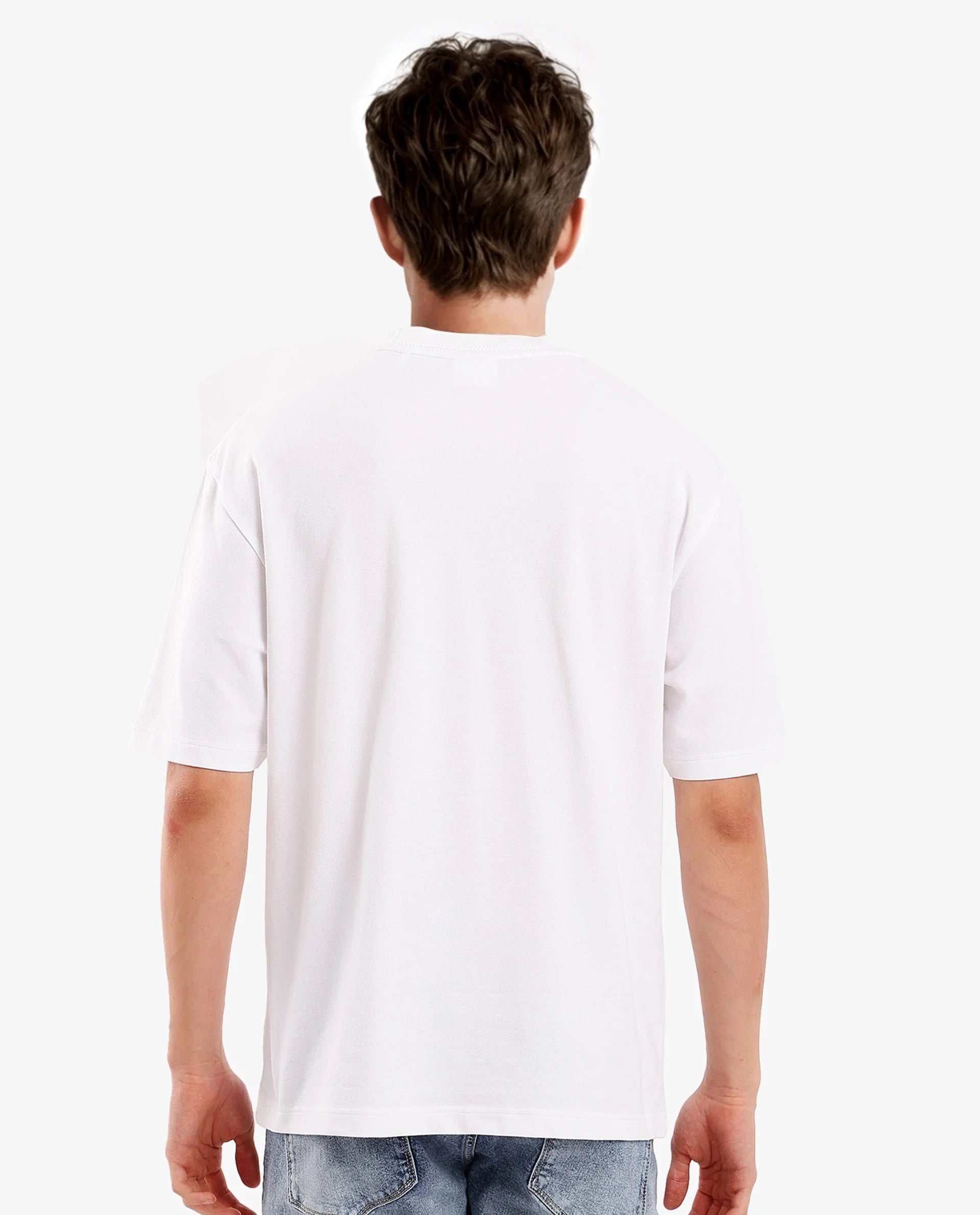 Rare Rabbit Mens Heros-1 White Cotton Lycra Fabric Blend Drop Shoulder Short Sleeve Oversized Fit Embroidered Logo T-Shirt