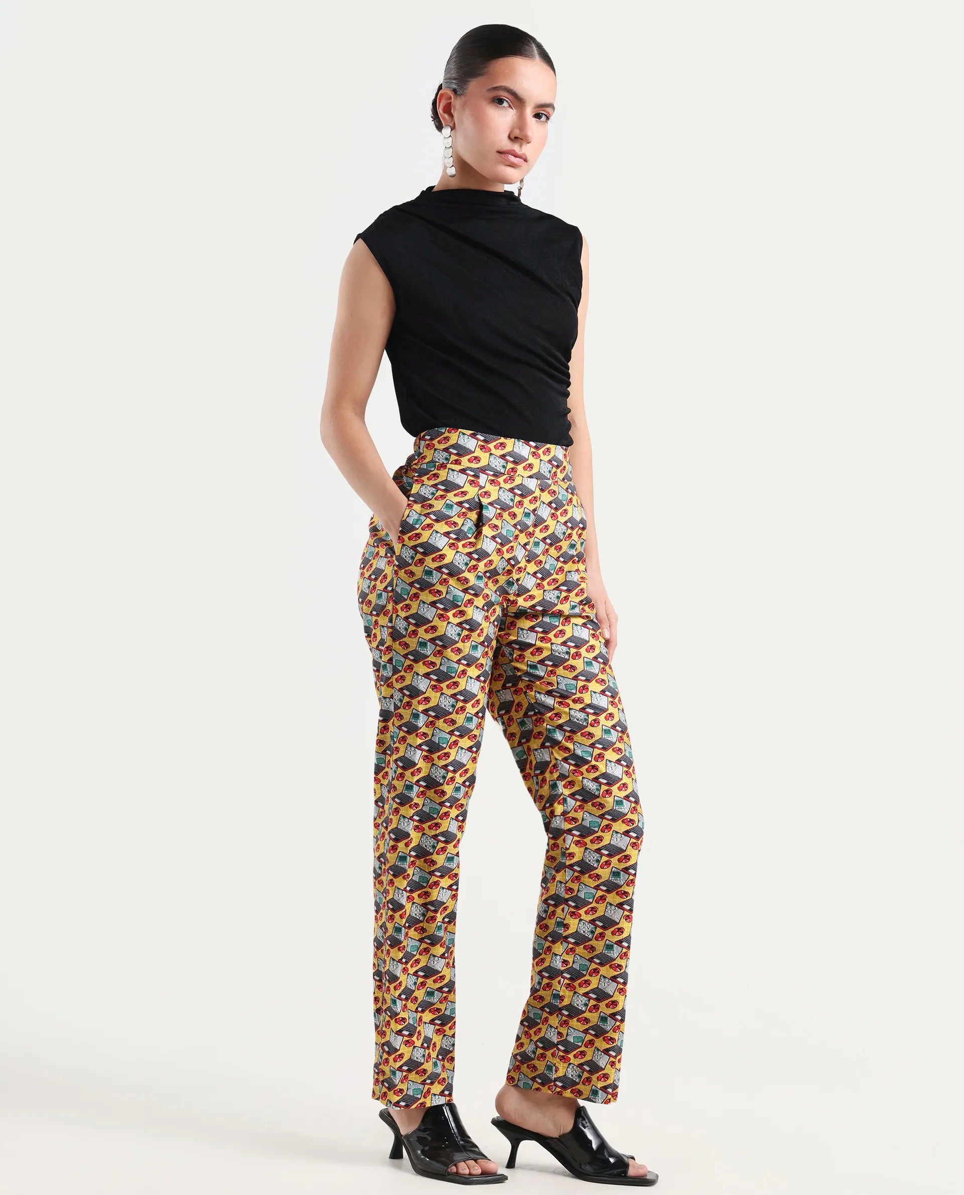 Rareism Women's Hertie-B Yellow Cotton Blend Geometric Print Ankle Length Straight Fit Trouser