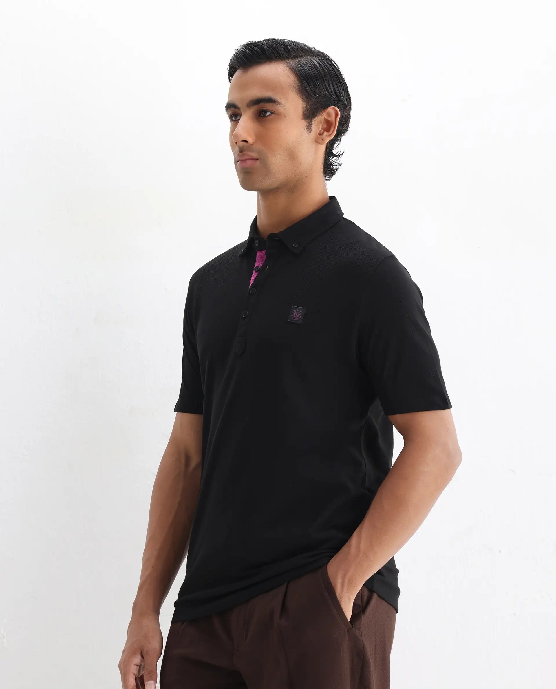 Rare Rabbit Men's Herval Black Cotton Plain Regular Fit Half Sleeve Polo