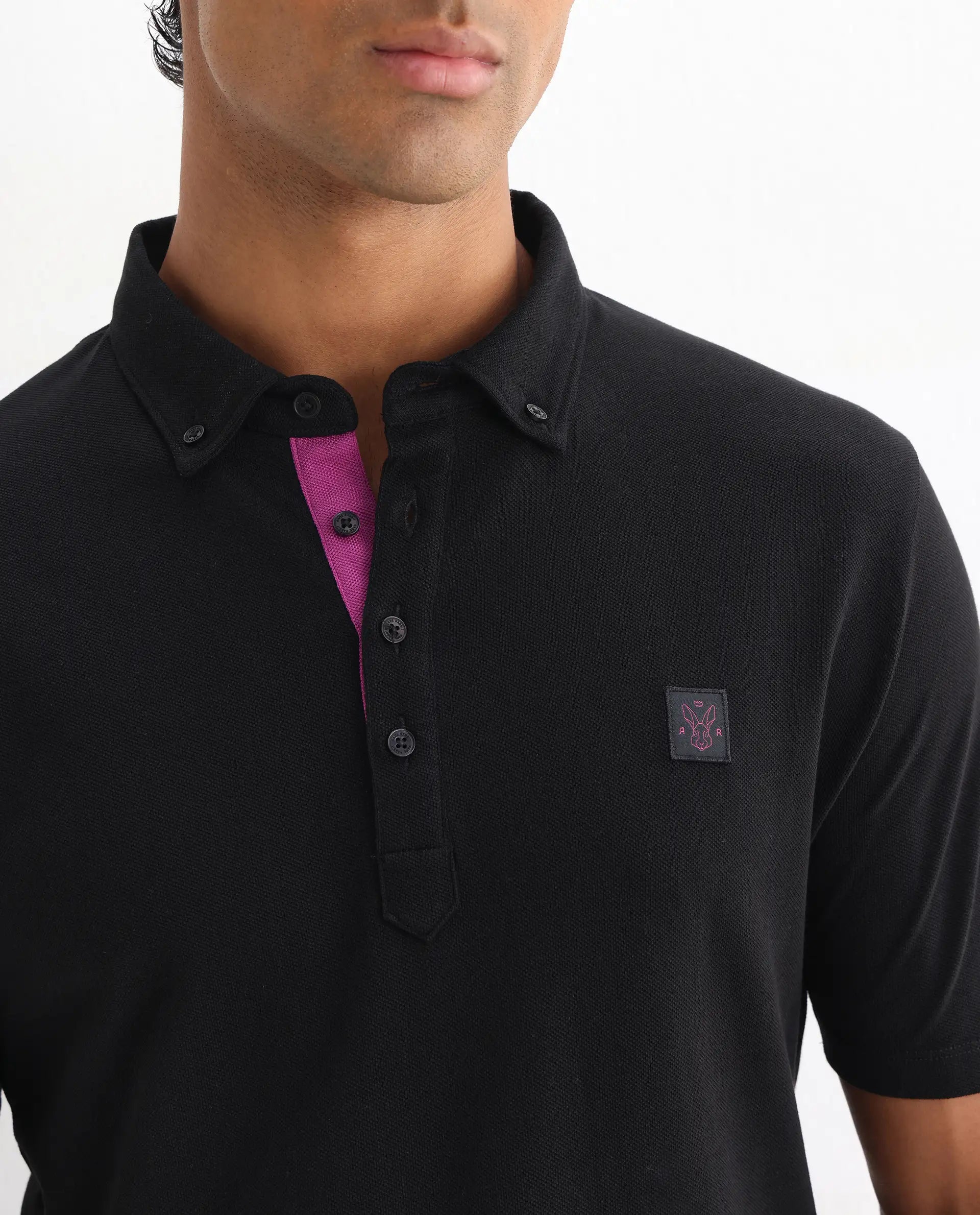 Rare Rabbit Men's Herval Black Cotton Plain Regular Fit Half Sleeve Polo