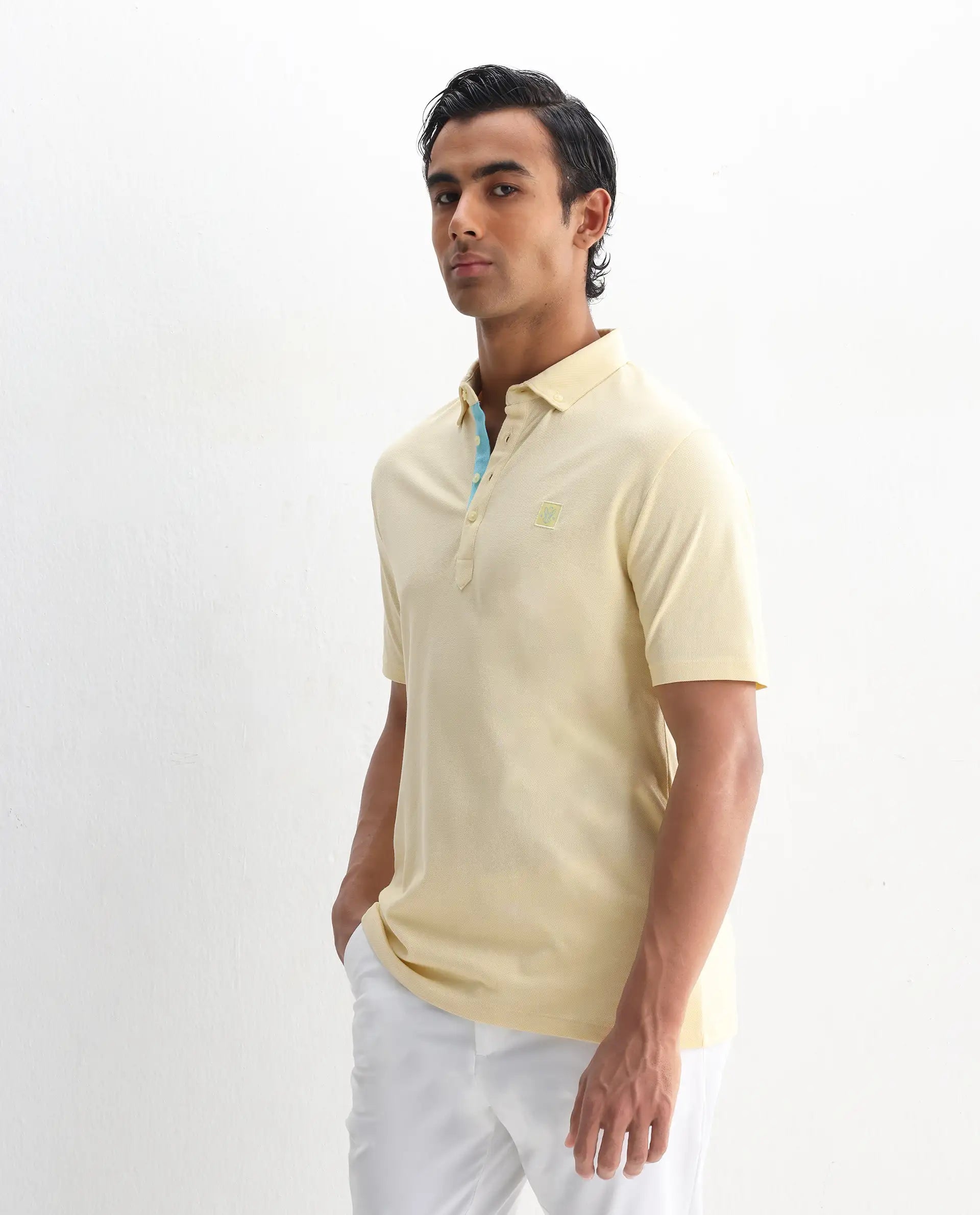 Rare Rabbit Men's Herval Light Yellow Cotton Plain Regular Fit Half Sleeve Polo