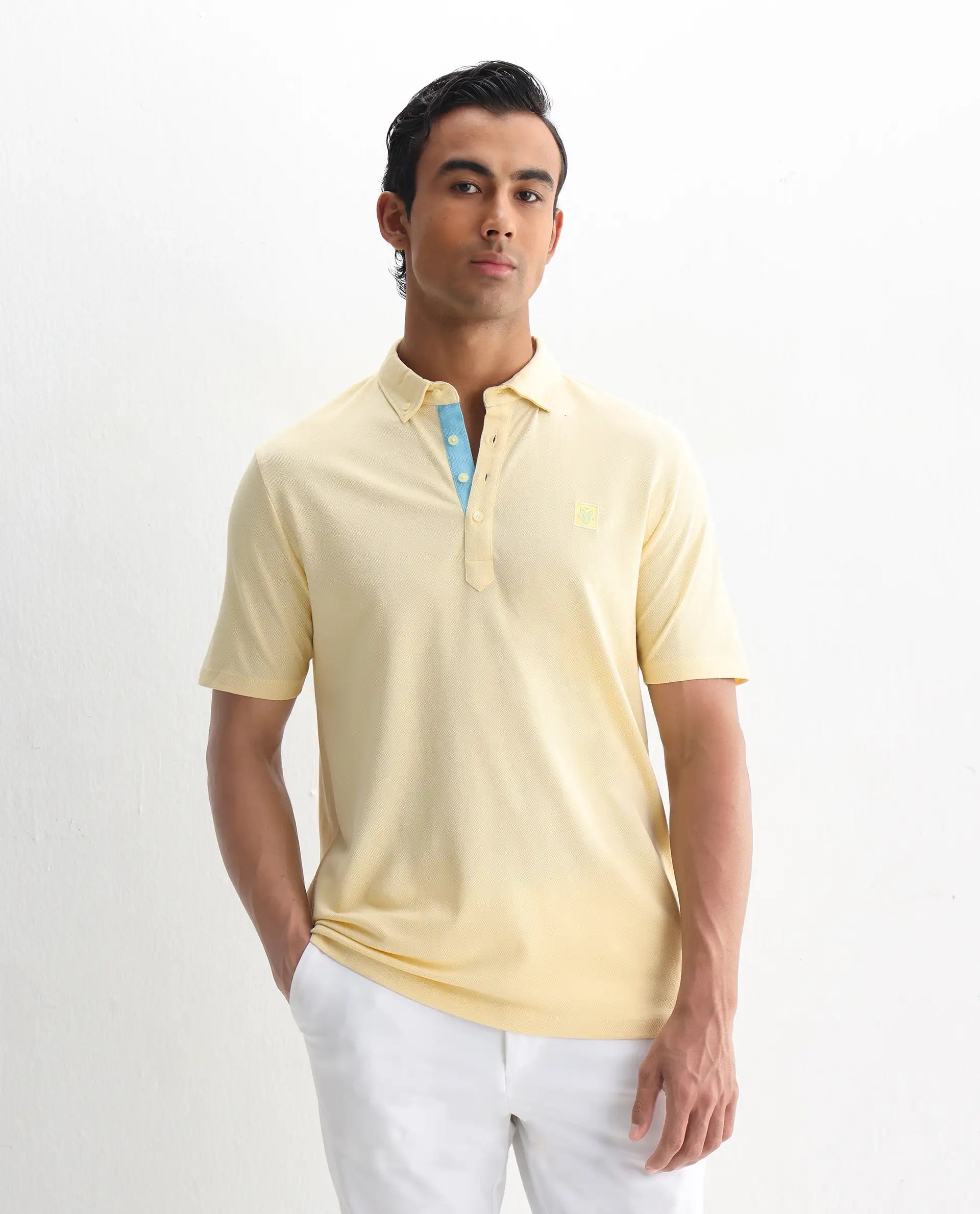 Rare Rabbit Men's Herval Light Yellow Cotton Plain Regular Fit Half Sleeve Polo