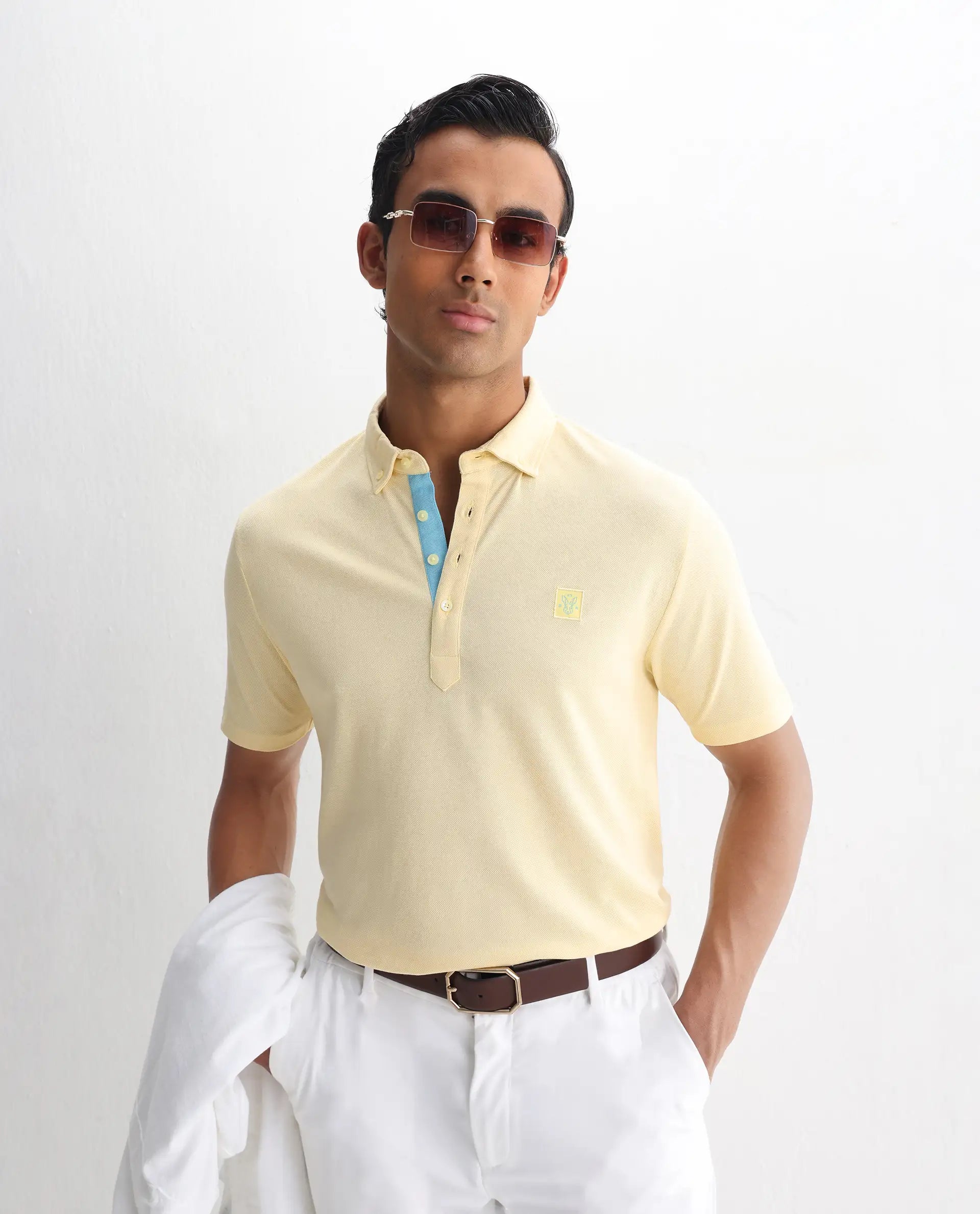 Rare Rabbit Men's Herval Light Yellow Cotton Plain Regular Fit Half Sleeve Polo