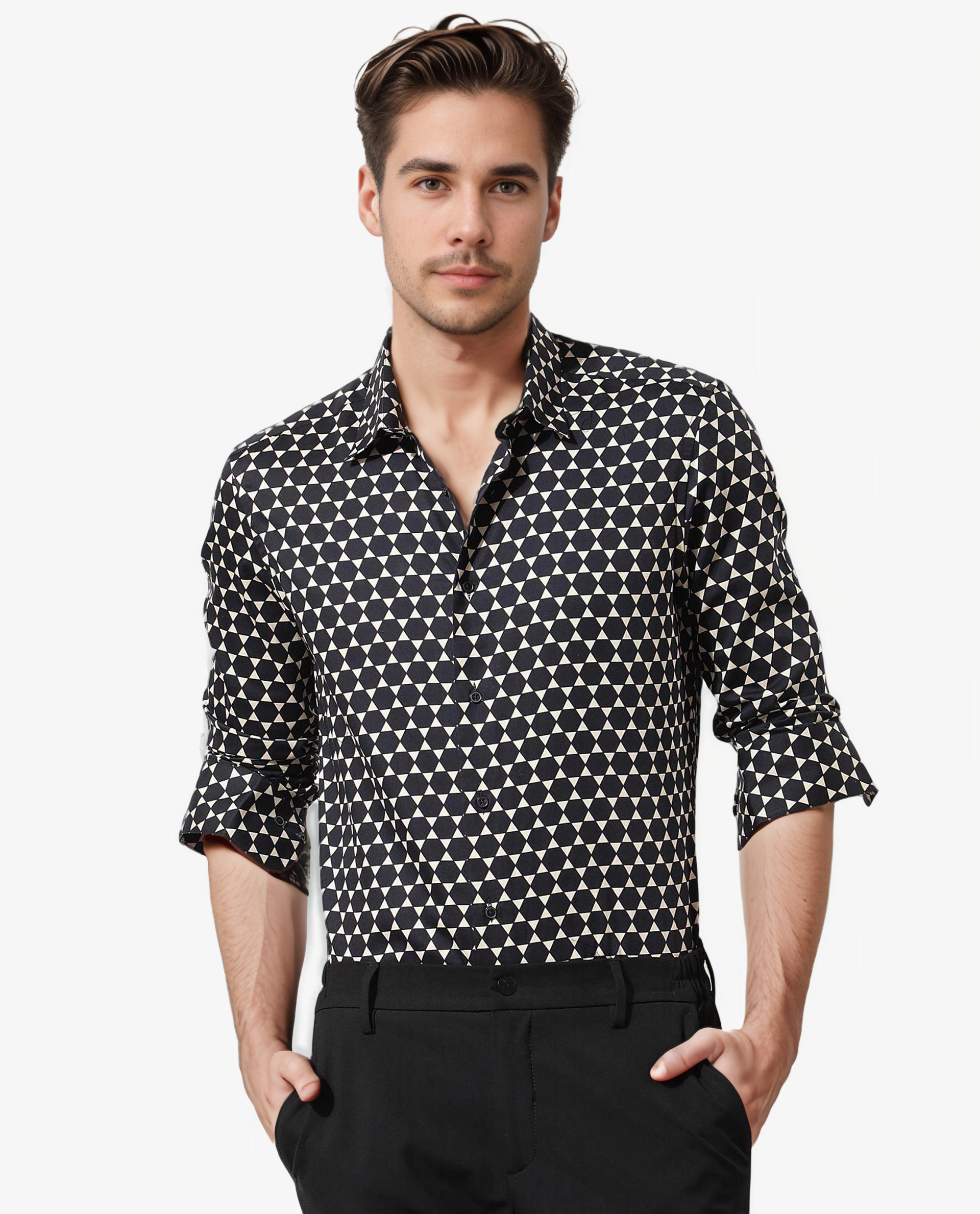 Rare Rabbit Men's Hexa Black Modal Fabric Geometric Print Full Sleeves Shirt