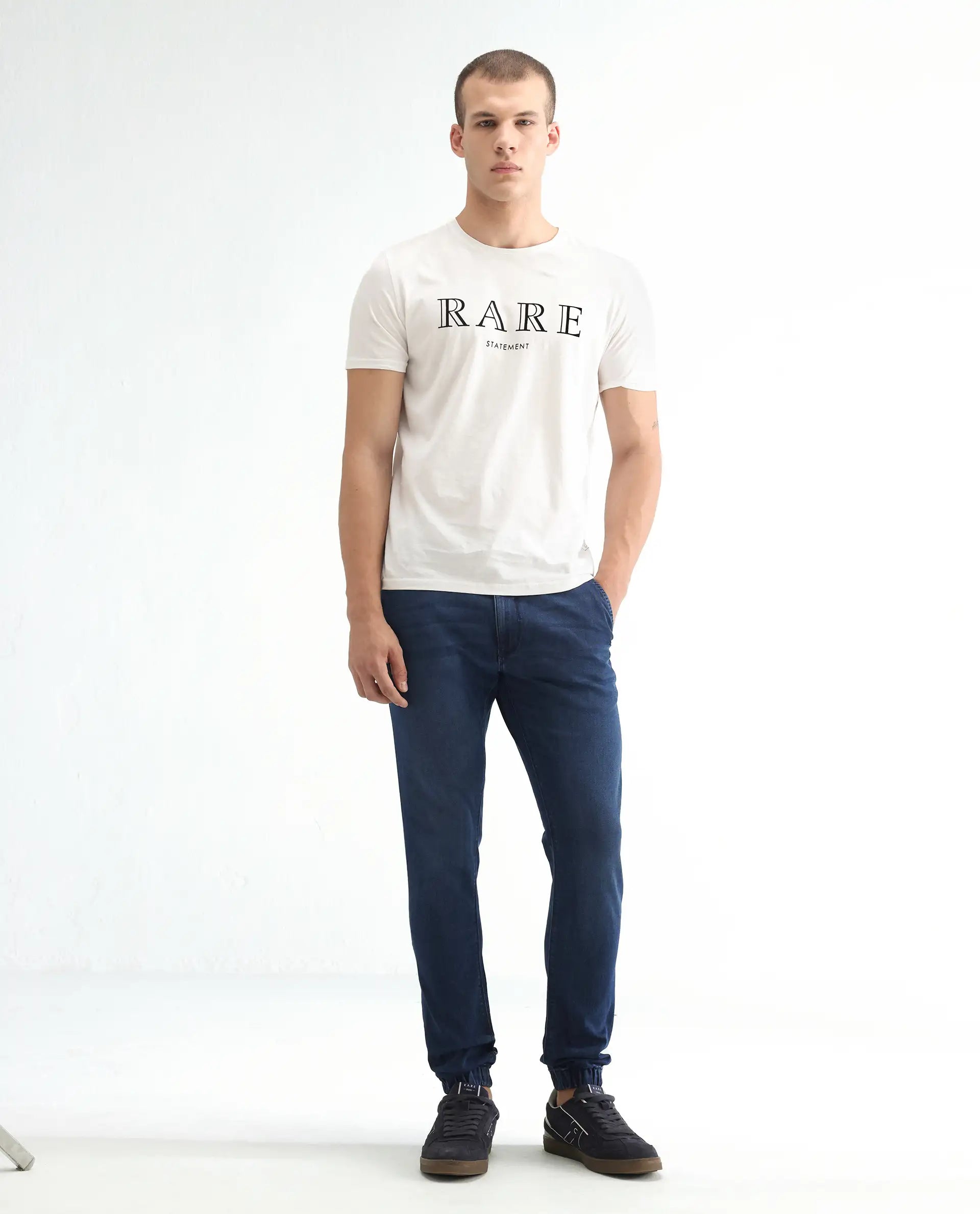 Rare Rabbit Men's Higg Blue Cotton Plain Hawk Slim Fit Jeans