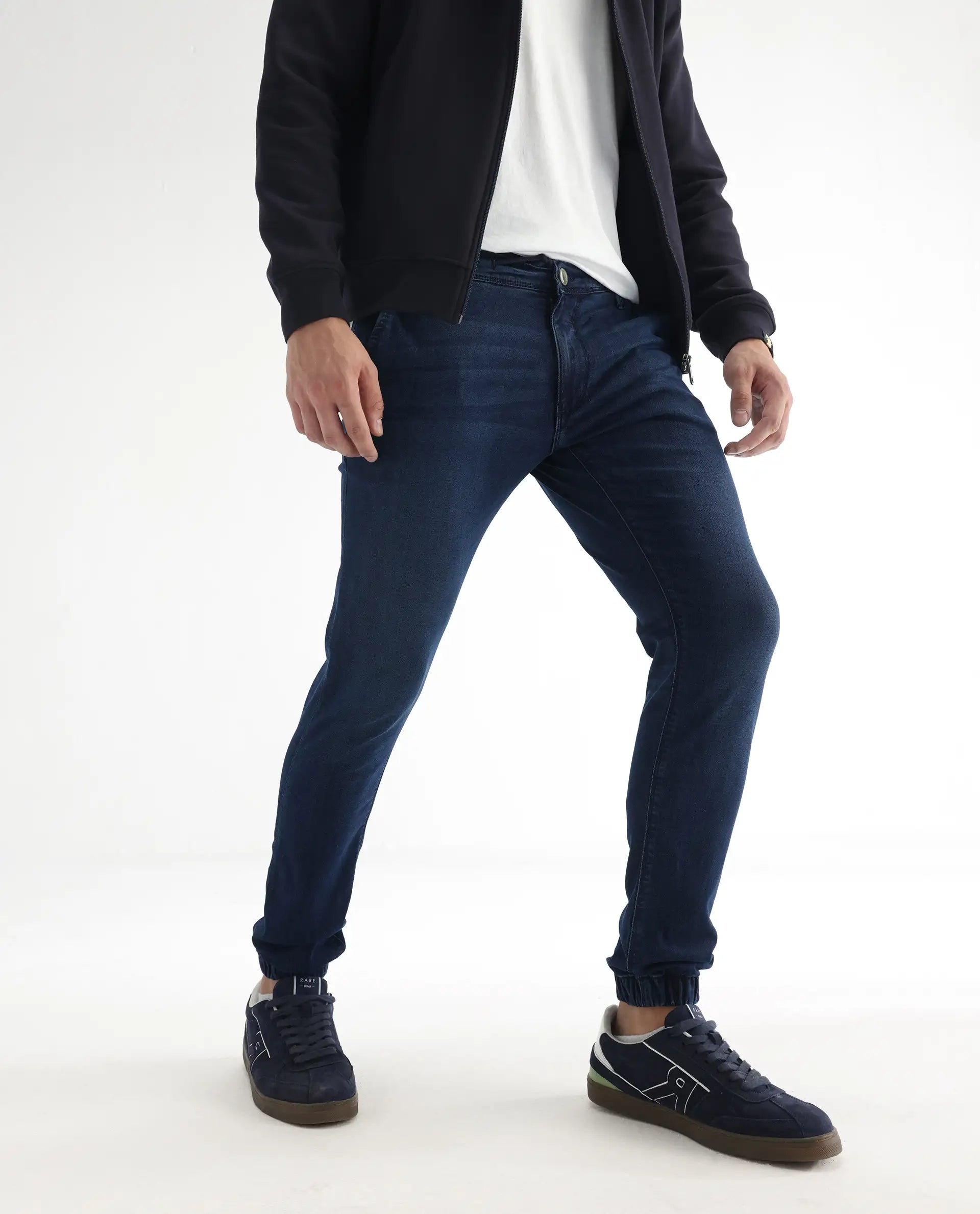 Rare Rabbit Men's Higg Blue Cotton Plain Hawk Slim Fit Jeans