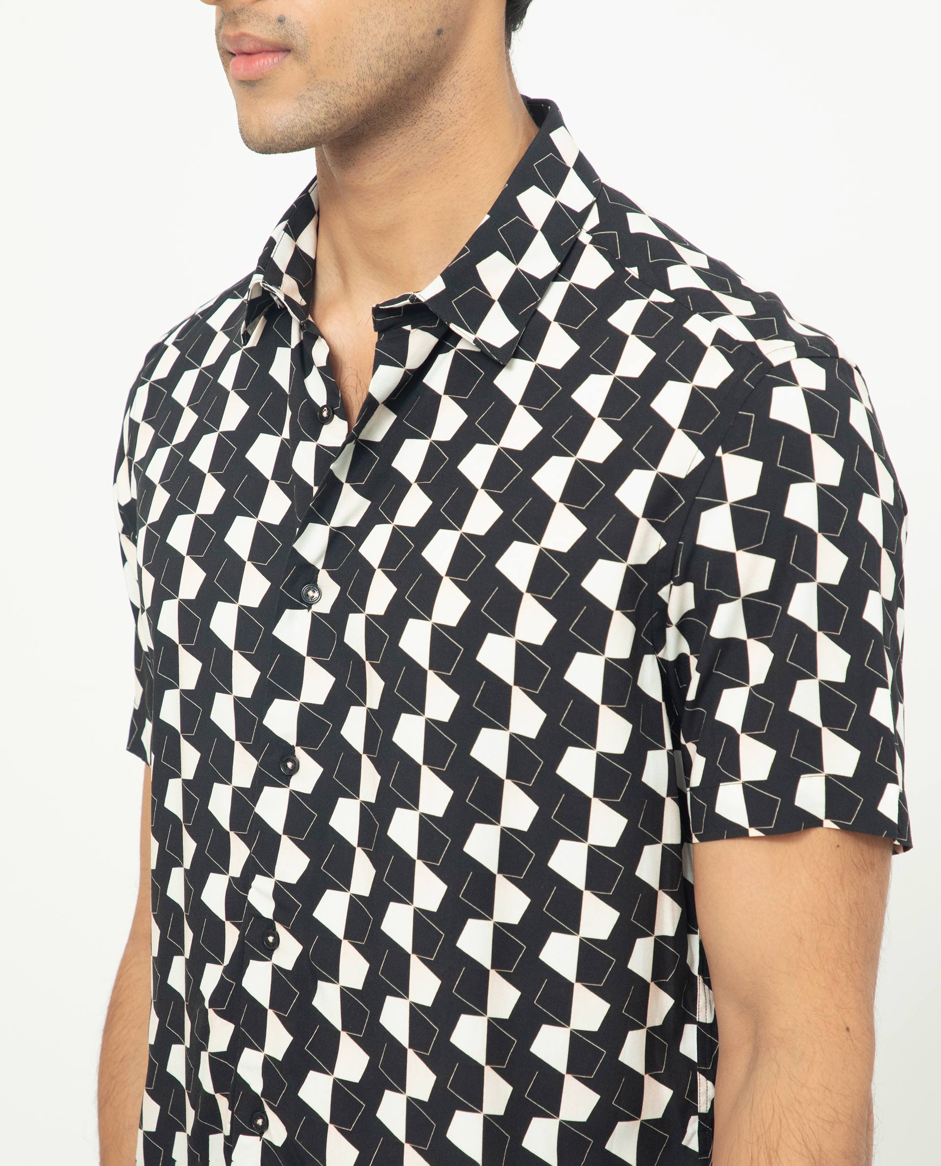 Rare Rabbit Men's Hinge Black Viscose Fabric Geometric Print Half Sleeves Shirt